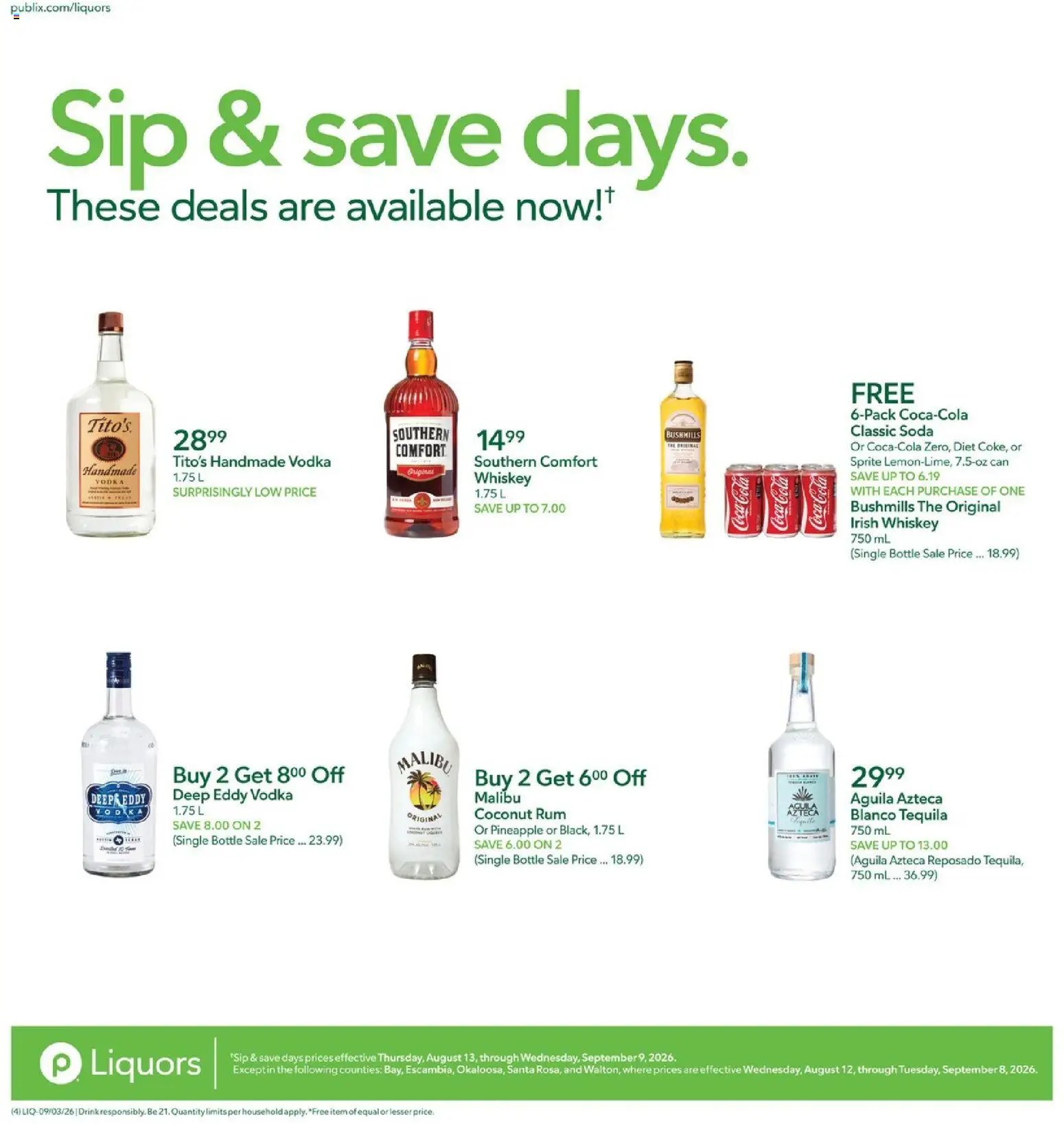 Publix Liquor Ad - valid from 09/03/2026 | Page: 4 | Products: Malibu, Tequila, Vodka, Coconut