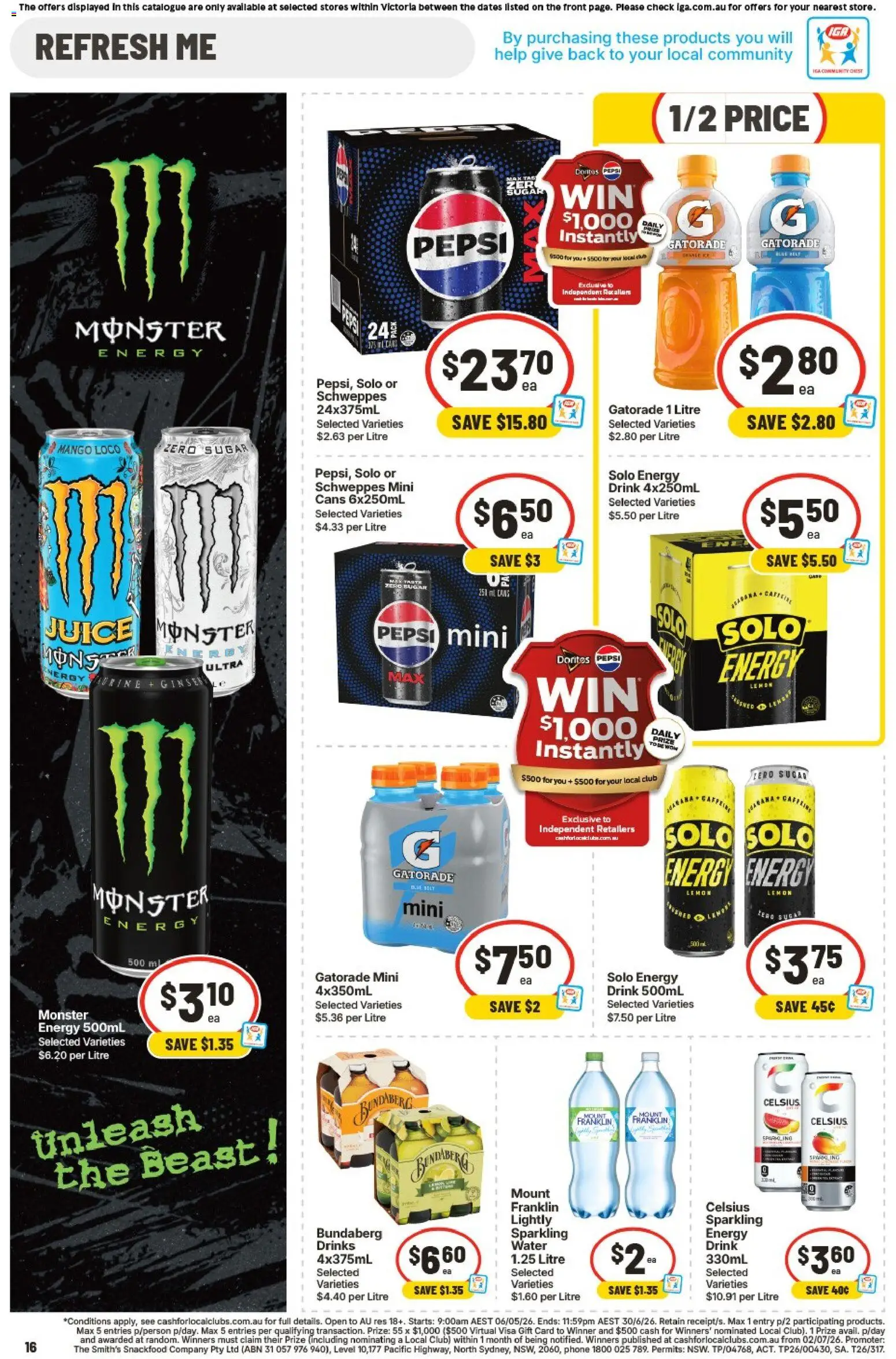 IGA catalogue - valid from 03.06.2026 | Page: 16 | Products: Energy drink, Water, Sugar, Lemon