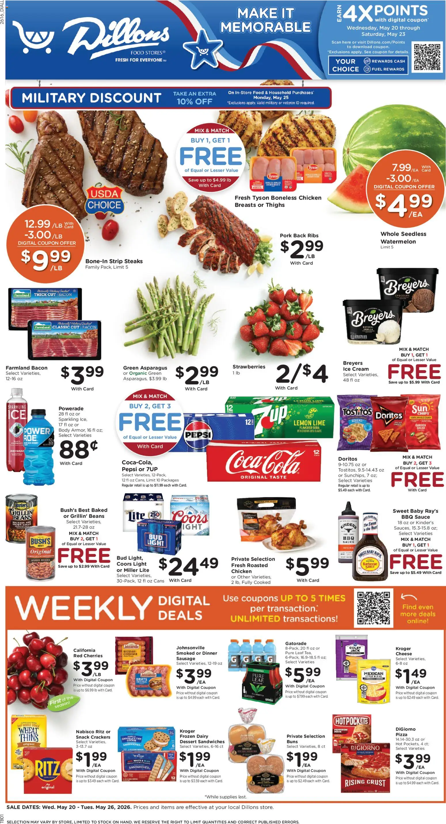 Dillons Weekly Ad - KS - valid from 20.05.2026 | Page: 1 | Products: Bourbon, Cream, Sausage, Watermelon