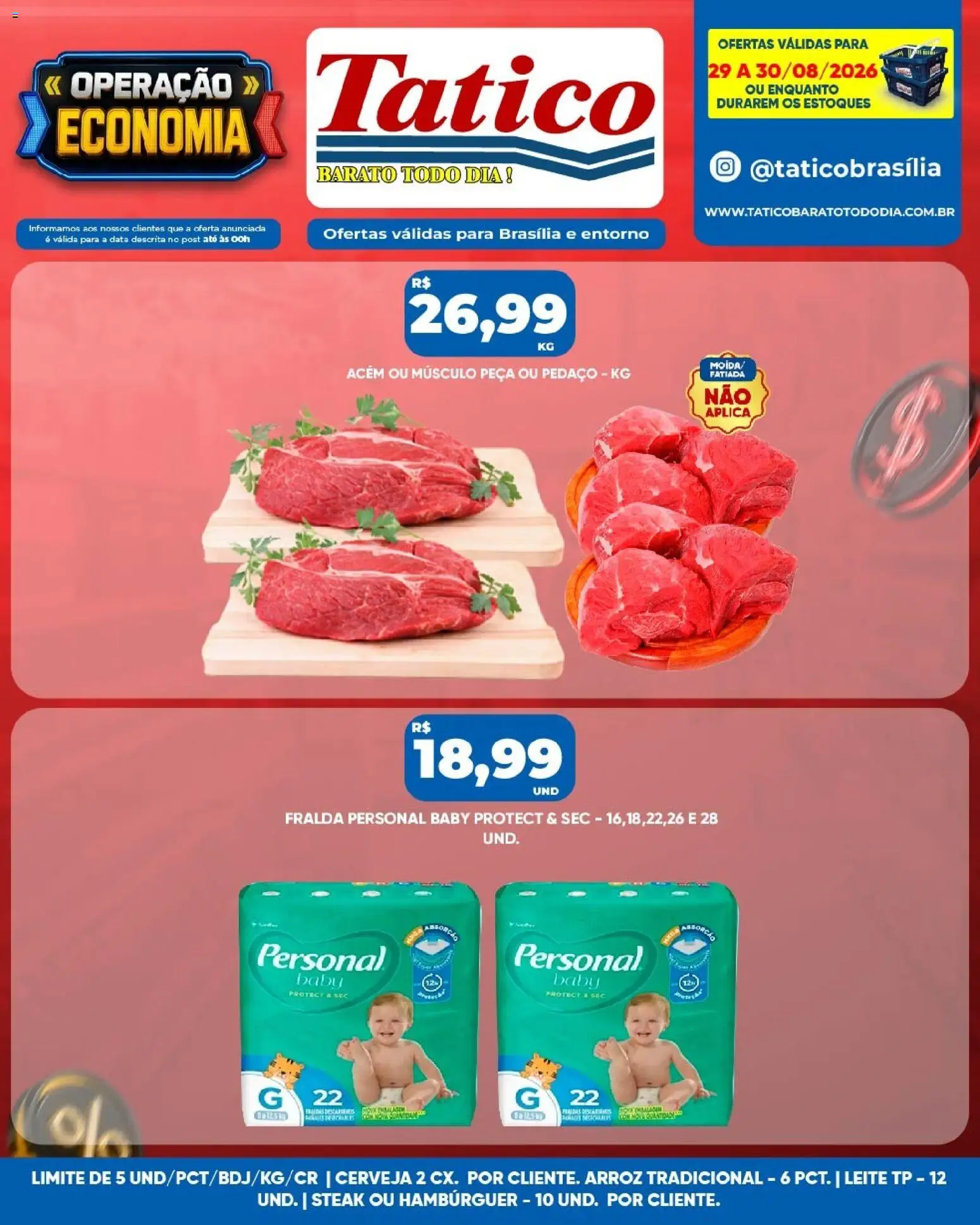 Tatico Folheto - válido de 31/08/2026 | Página: 29 | Produtos: Acém, Cerveja, Arroz, Hambúrguer