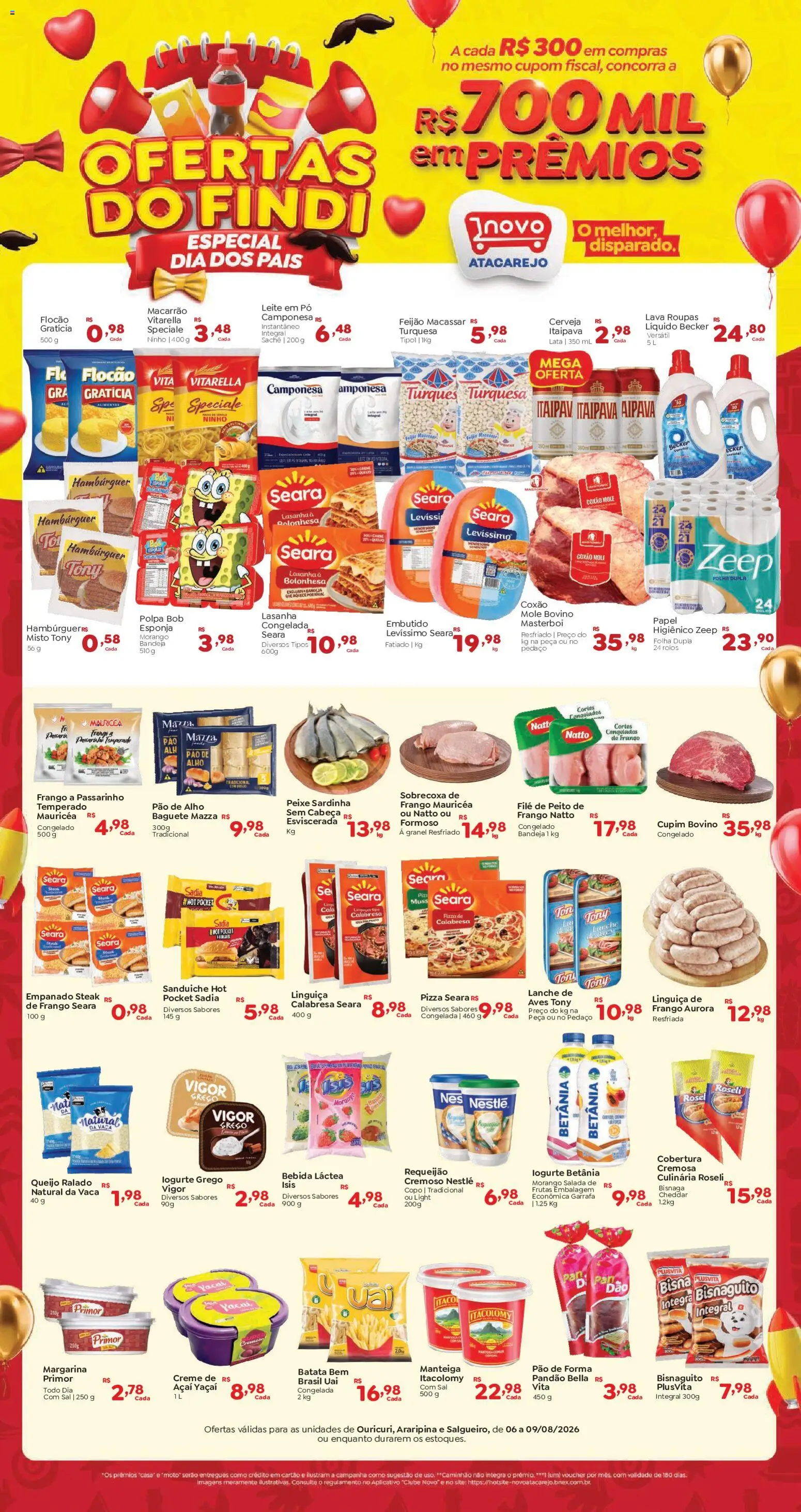 Novo Atacarejo Folheto - válido de 06/08/2026 | Página: 1 | Produtos: Feijão, Linguiça, Pão, Macarrão