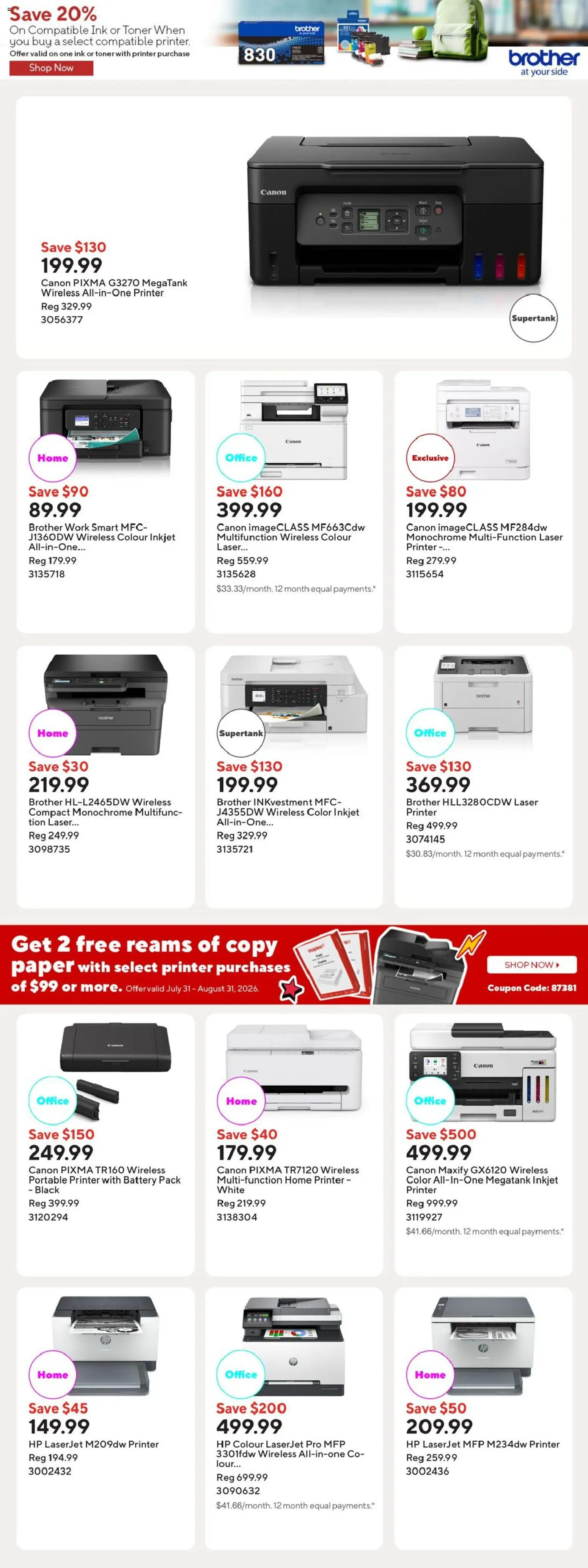 Staples flyer valid from Aug 7, 2026 | Page: 12 | Products: Printer, Toner, Battery