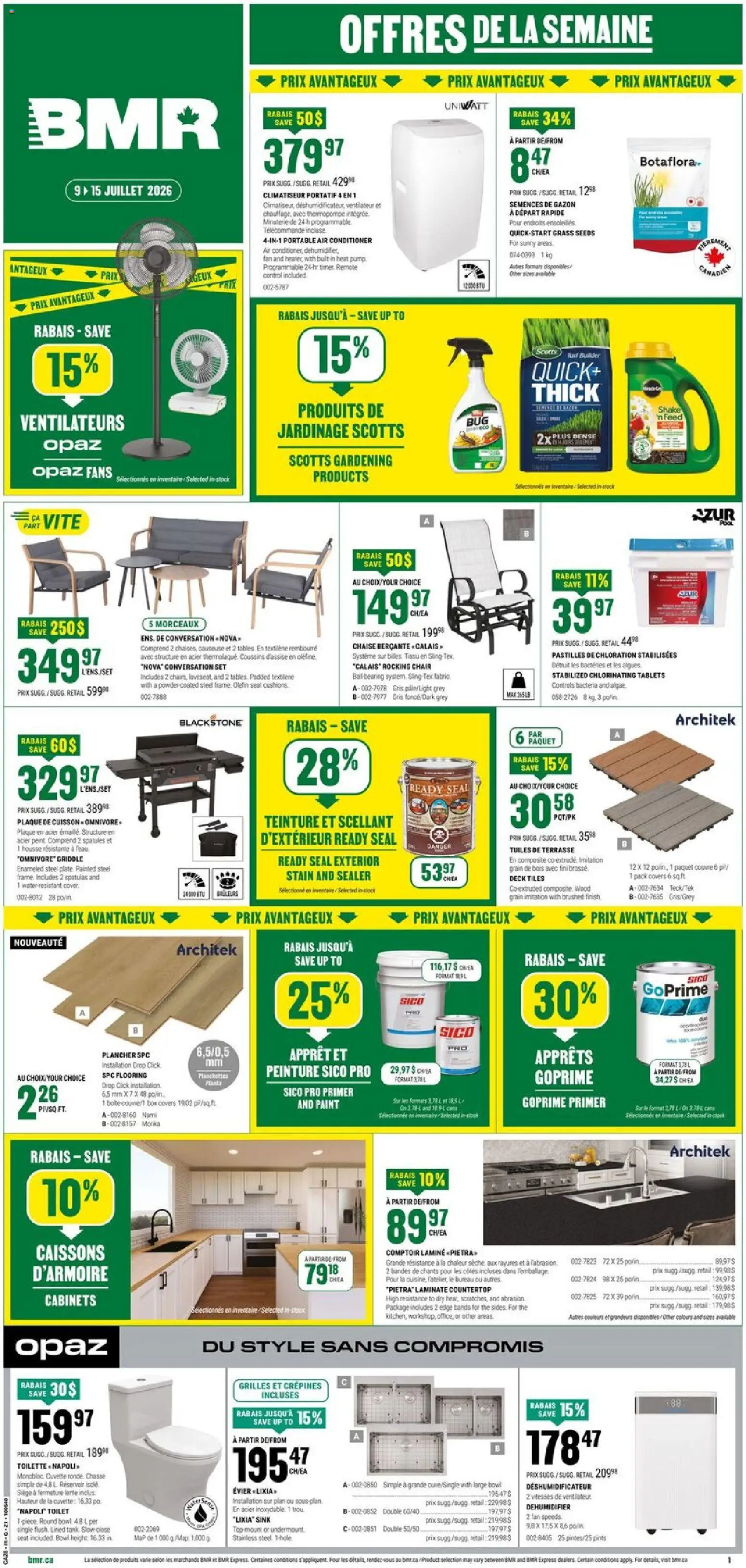 BMR flyer valid from Jul 9, 2026 | Page: 1 | Products: Fan, Conditioner, Chair, Box