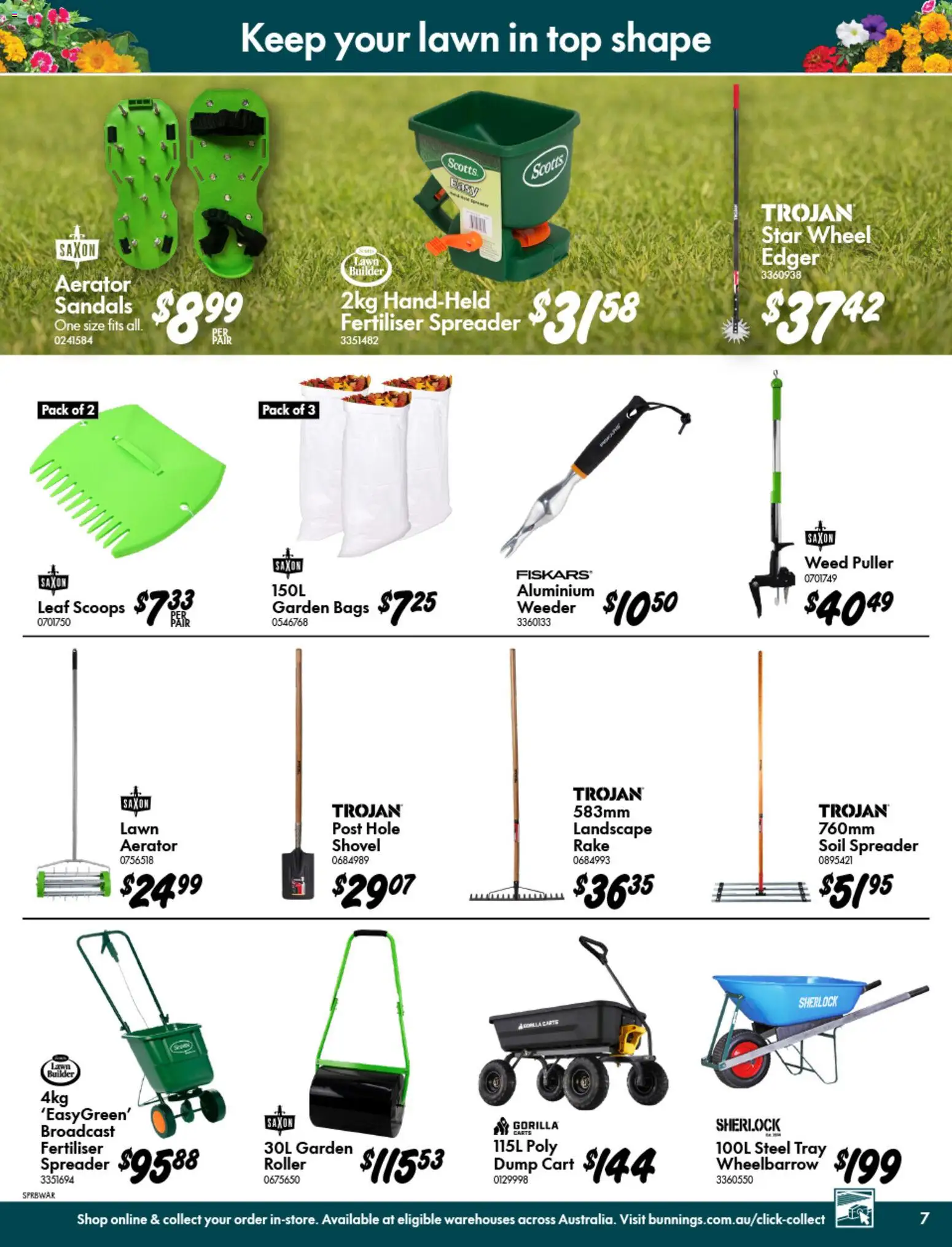 Bunnings Warehouse catalogue - valid from 09/09/2026 | Page: 7 | Products: Shovel, Cart, Wheelbarrow, Sandals