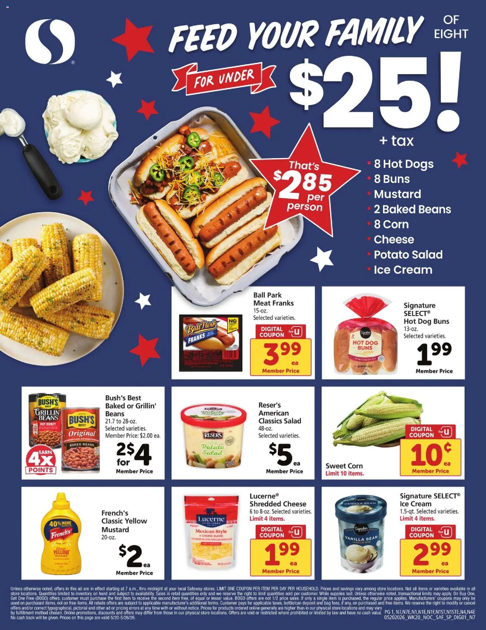 Safeway Ad - valid from 20.05.2026 | Page: 1 | Products: Corn, Cheese, Cream, Hot Dogs
