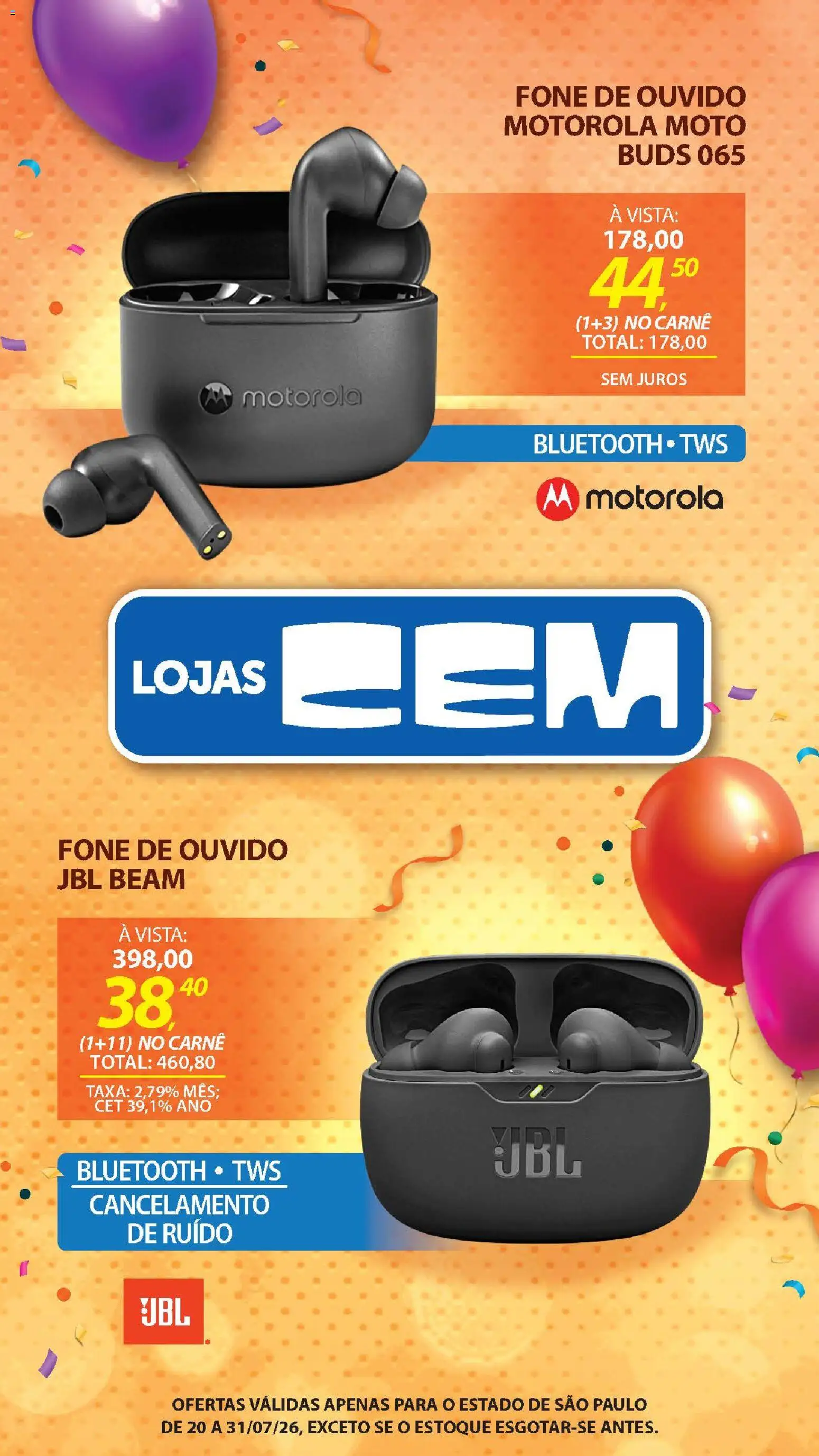 Lojas Cem Folheto - válido de 20/07/2026 | Página: 49 | Produtos: Carne, Fone de ouvido