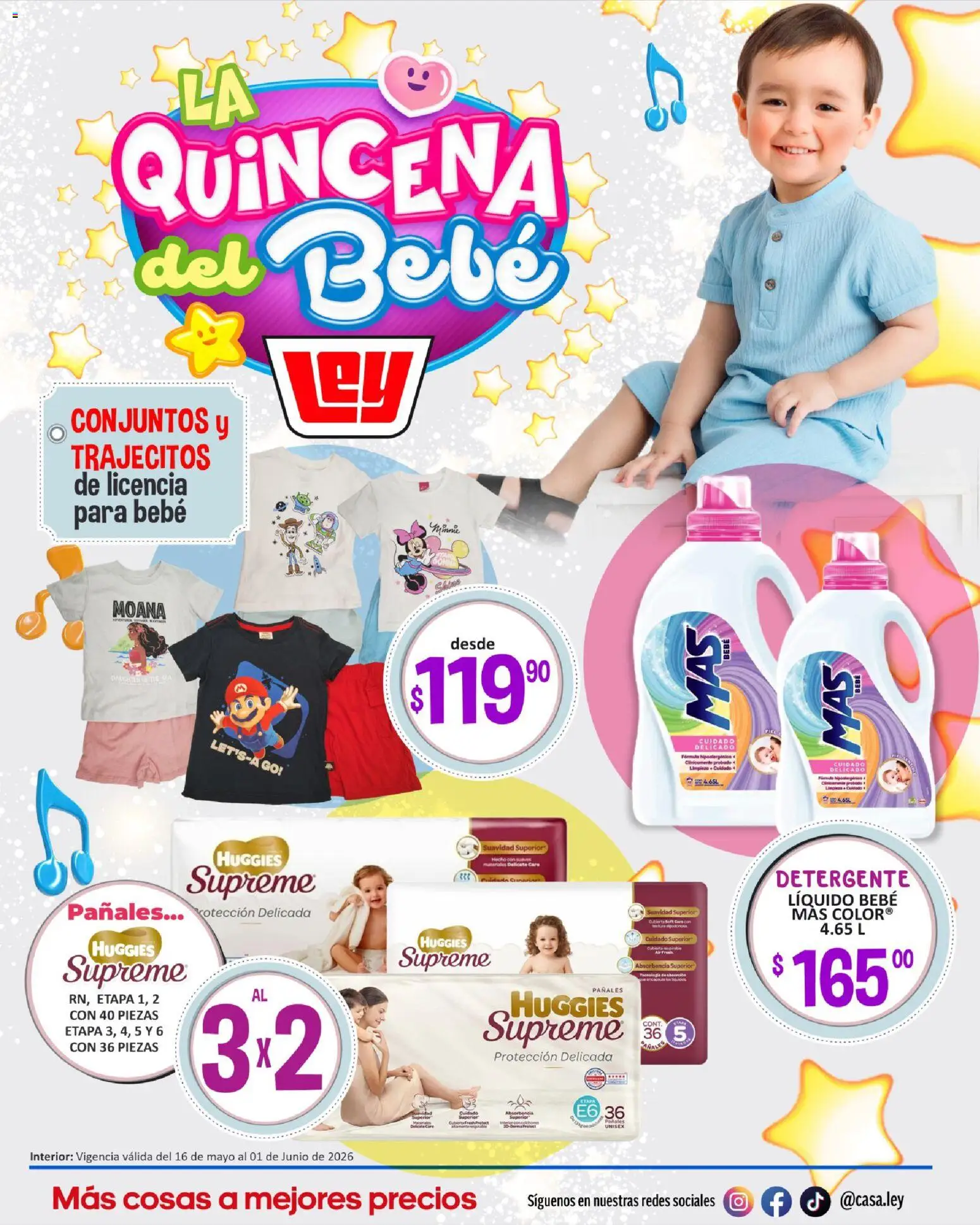 Nuevas ofertas de Casa Ley válidas en toda la República Mexicana desde el 16.05.2026. ¡Encuentra las mejores ofertas en Casa Ley folleto La Quincena del Bebé interior! | Página: 1 | Productos: Detergente, Pañales