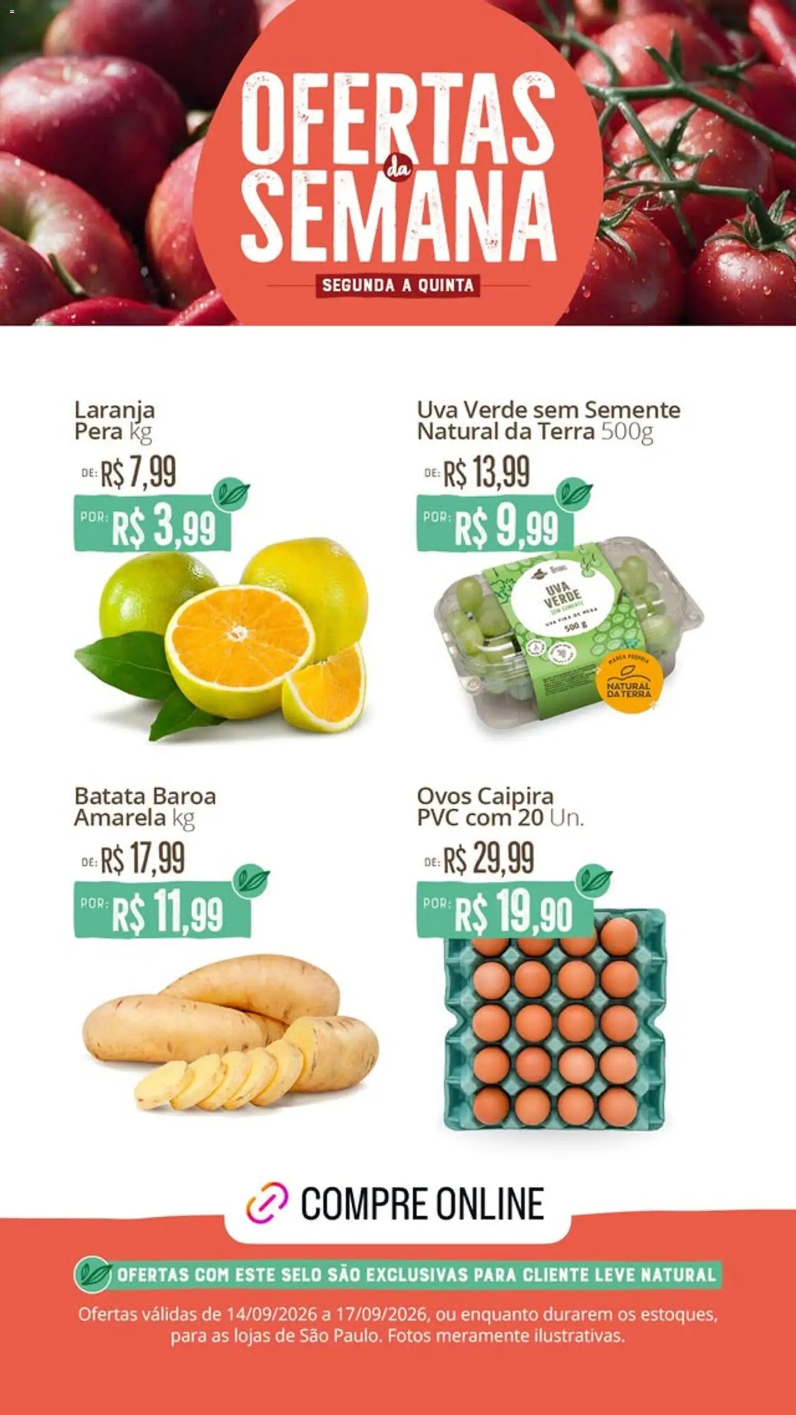 Natural da Terra Folheto - válido de 14/09/2026 | Página: 1 | Produtos: Pera, Uva, Ovos, Batata