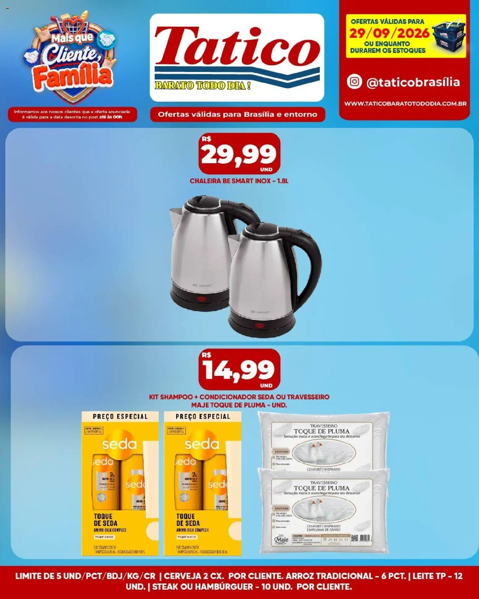Tatico Folheto - válido de 29/09/2026 | Página: 12 | Produtos: Travesseiro, Cerveja, Arroz, Hambúrguer