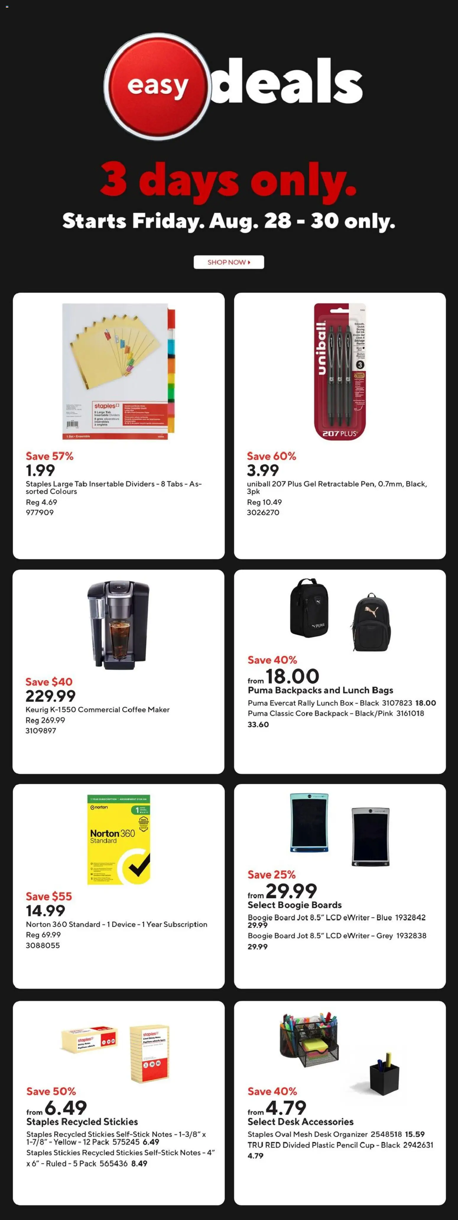 Staples flyer valid from Aug 28, 2026 | Page: 2 | Products: Backpack, Lunch box, Box, Coffee