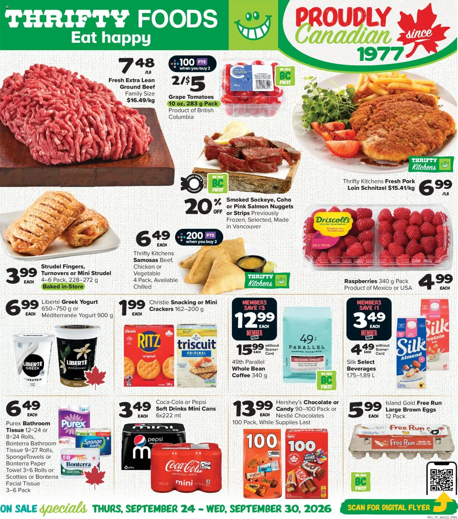 Thrifty Foods flyer valid from Sep 24, 2026 | Page: 1 | Products: Crackers, Sponge, Eggs, Protein