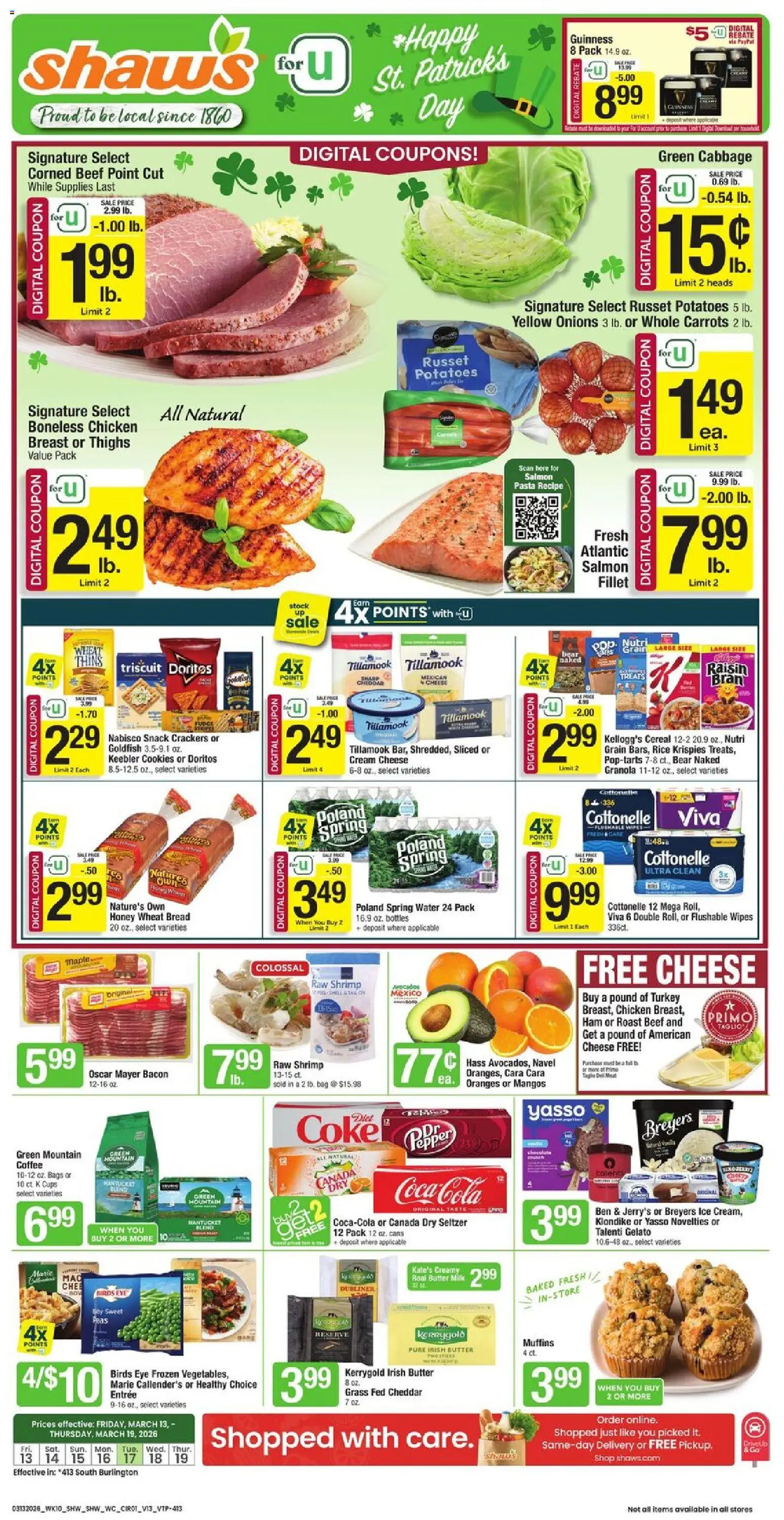 Shaw's Weekly Ad - VT - valid from 13.03.2026 | Page: 1 | Products: Cheese, Bread, Coffee, Potatoes