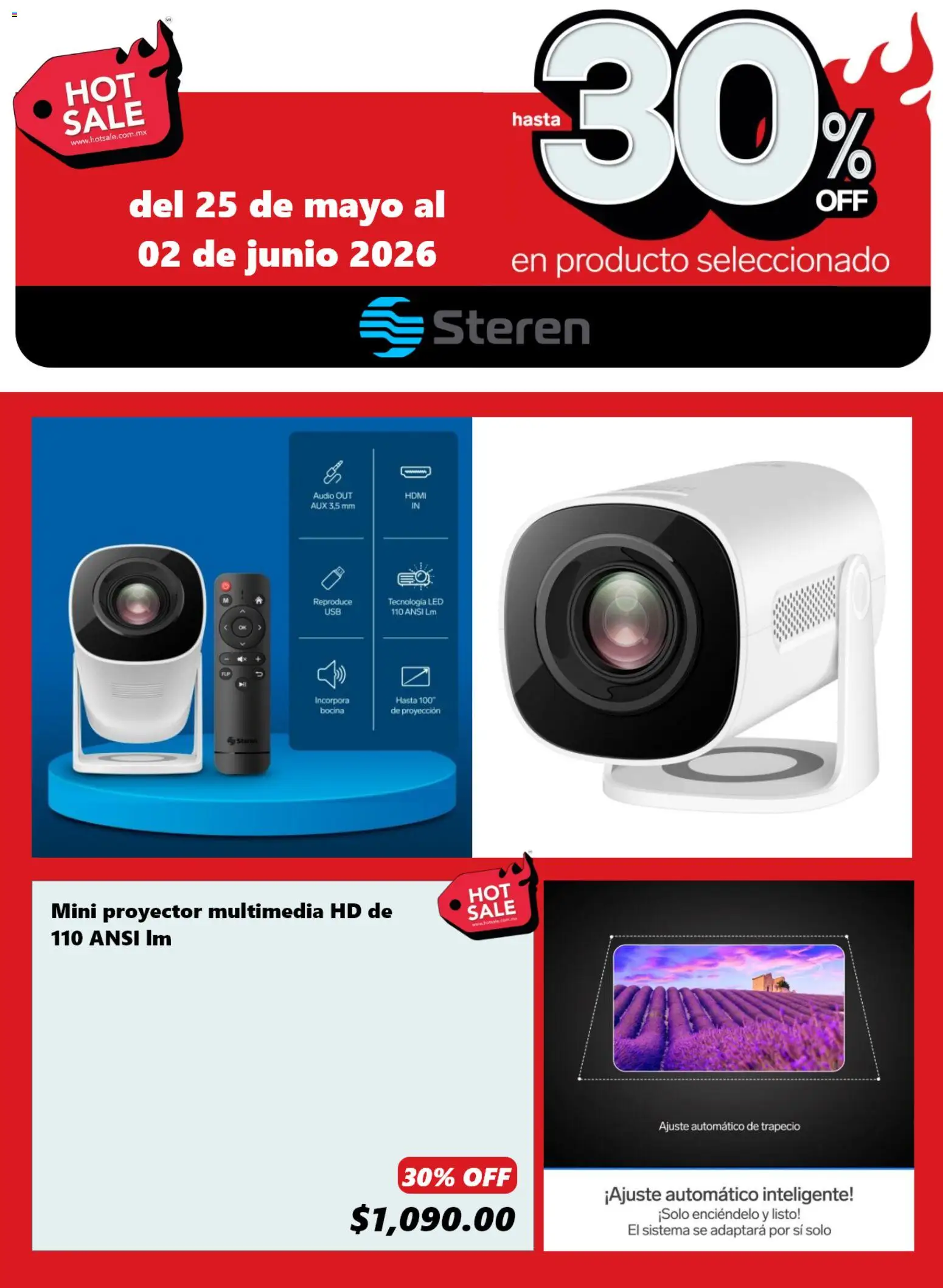 Nuevas ofertas de Steren válidas en toda la República Mexicana desde el 25.05.2026. ¡Encuentra las mejores ofertas en Steren Hot Sale! | Página: 3 | Productos: Proyector, Audio, Bocina