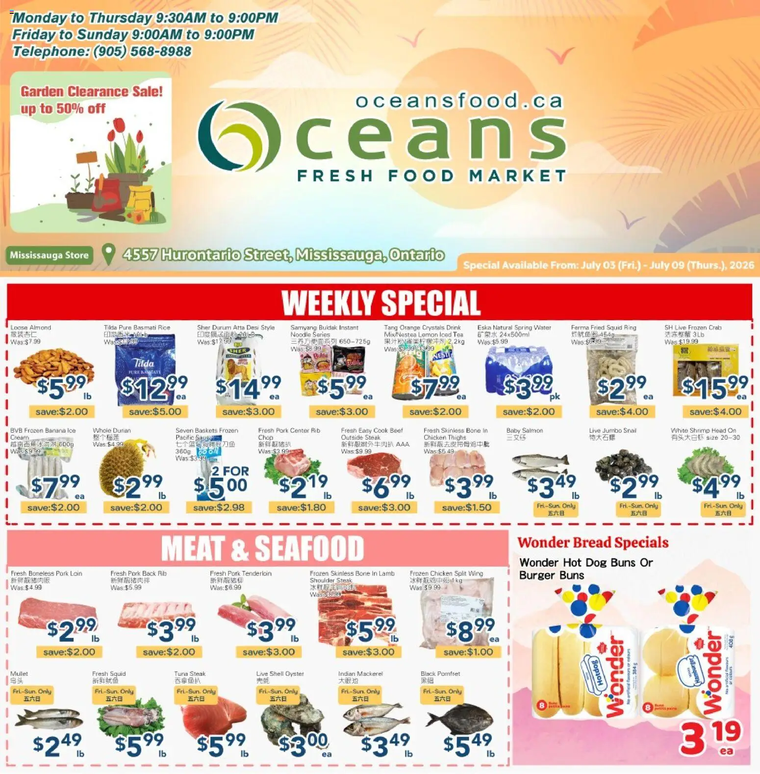 Oceans flyer valid from Jul 3, 2026 | Page: 1 | Products: Tea, Beef, Bread, Pork