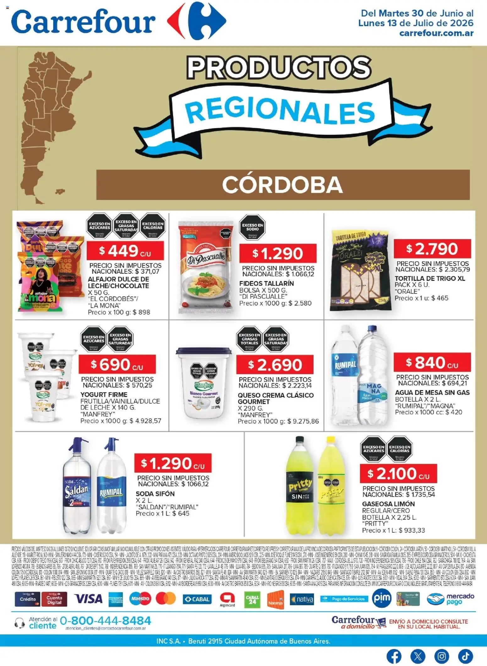 Carrefour - Productos Regionales | Córdoba │ válido desde el 30/06/2026 | Página: 1 | Productos: Teléfono, Gaseosa, Queso crema, Agua