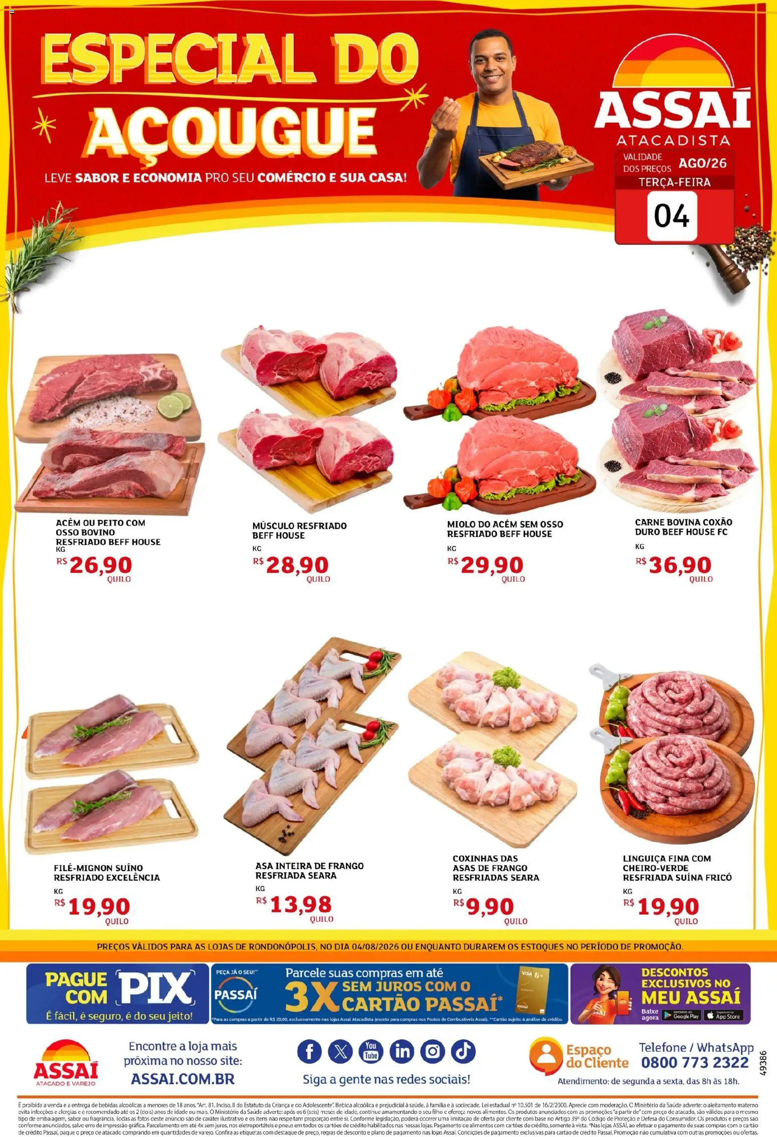 Assaí Atacadista Folheto - válido de 04/08/2026 | Página: 1 | Produtos: Linguiça, Base, Carne, Telefone