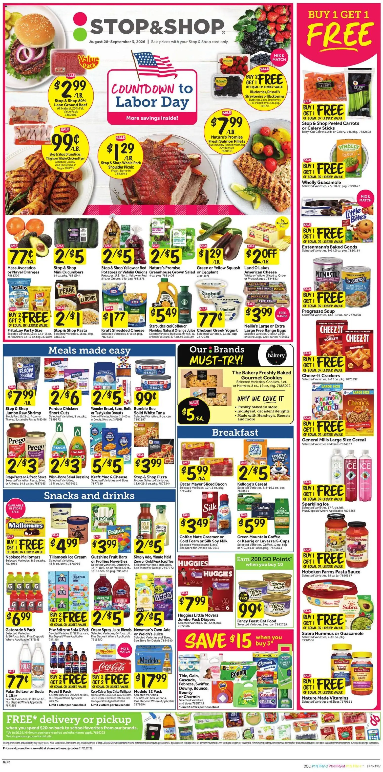 Stop & Shop Weekly Circular - NY - valid from 08/28/2026 | Page: 1 | Products: Coffee, Bacon, Cucumbers, Snacks