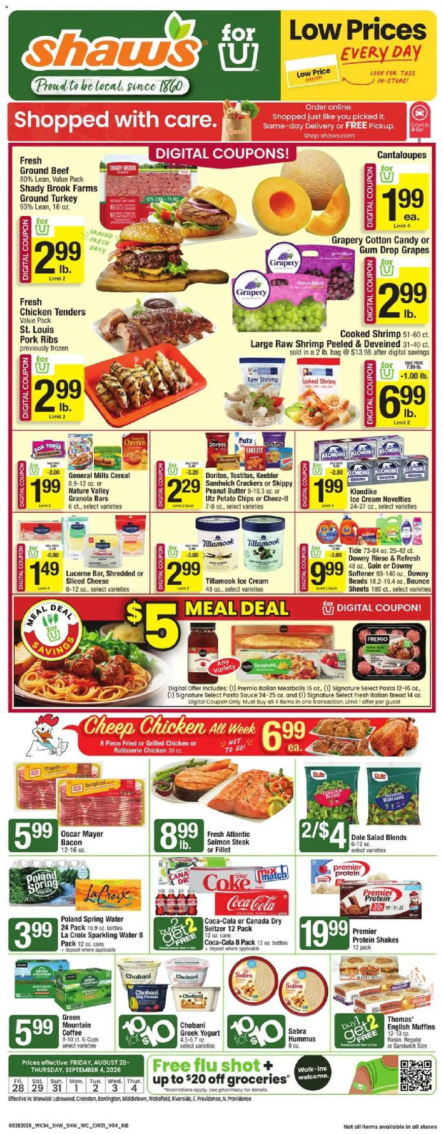 Shaw's Weekly Ad - RI - valid from 08/28/2026 | Page: 1 | Products: Spring water, Bacon, Salad, Water