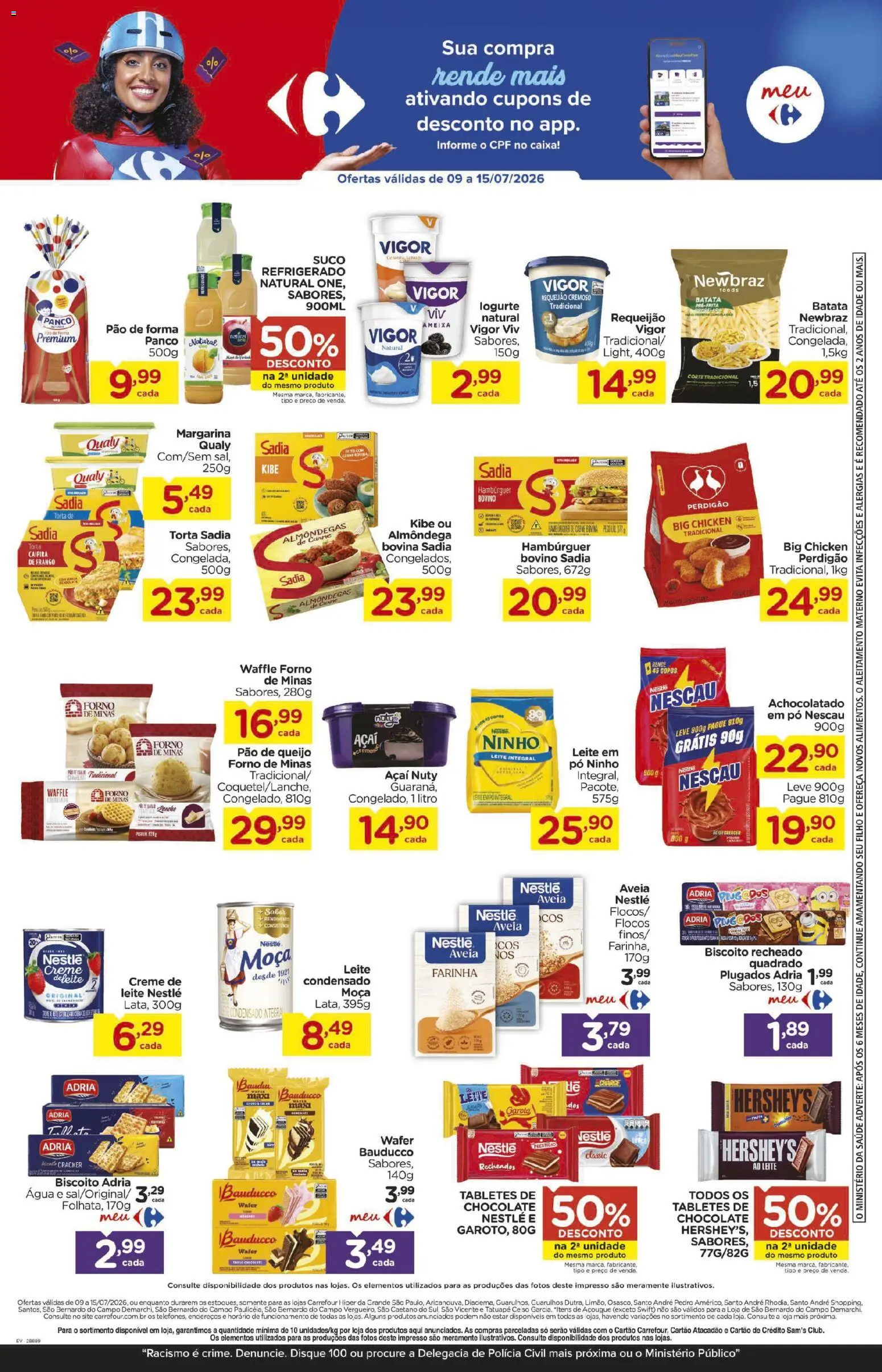 Carrefour Folheto - válido de 09/07/2026 | Página: 3 | Produtos: Achocolatado, Leite, Flocos, Margarina