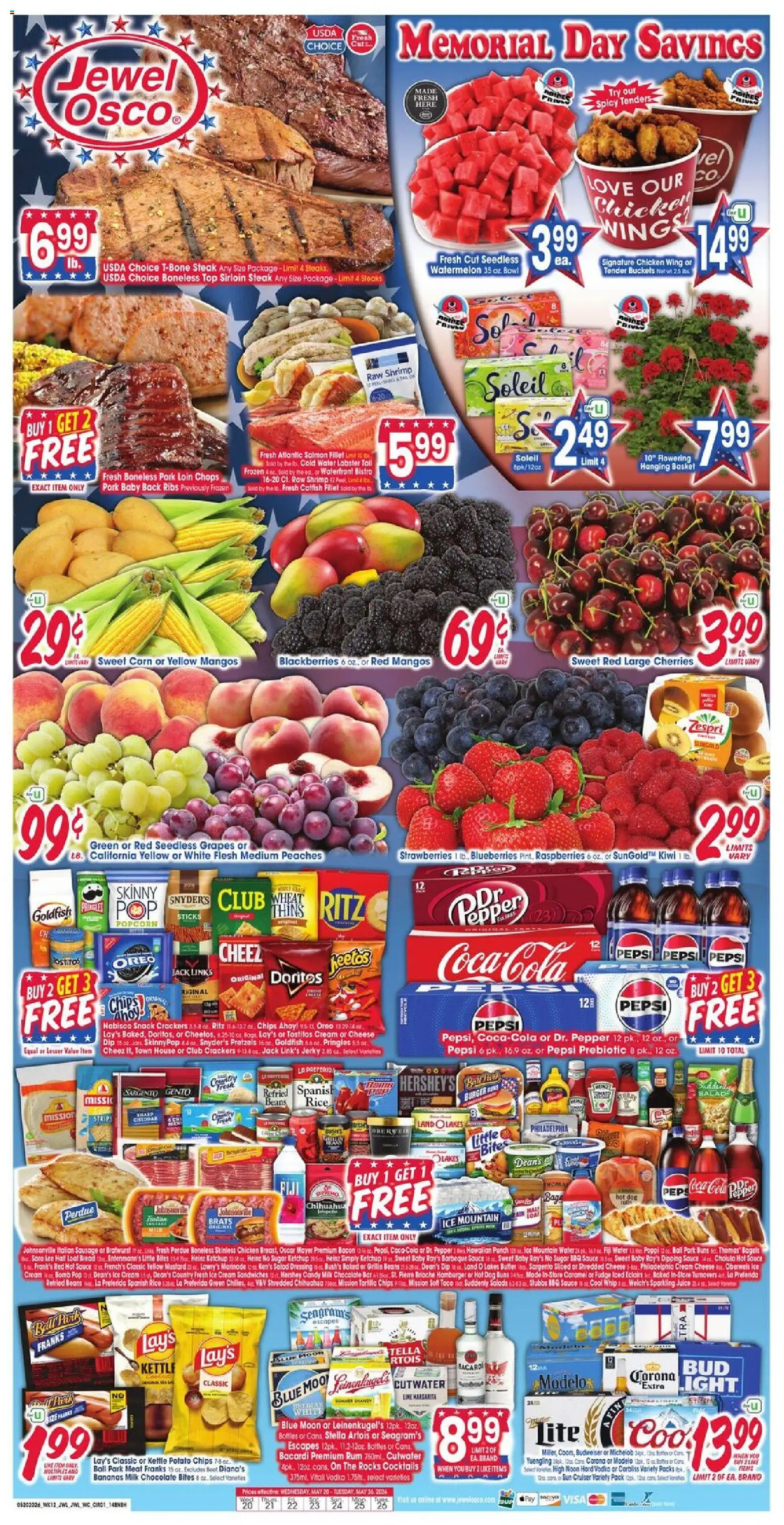 Jewel Osco Weekly Ad - valid from 20.05.2026 | Page: 1 | Products: Chips, Kiwi, Cream, Sugar