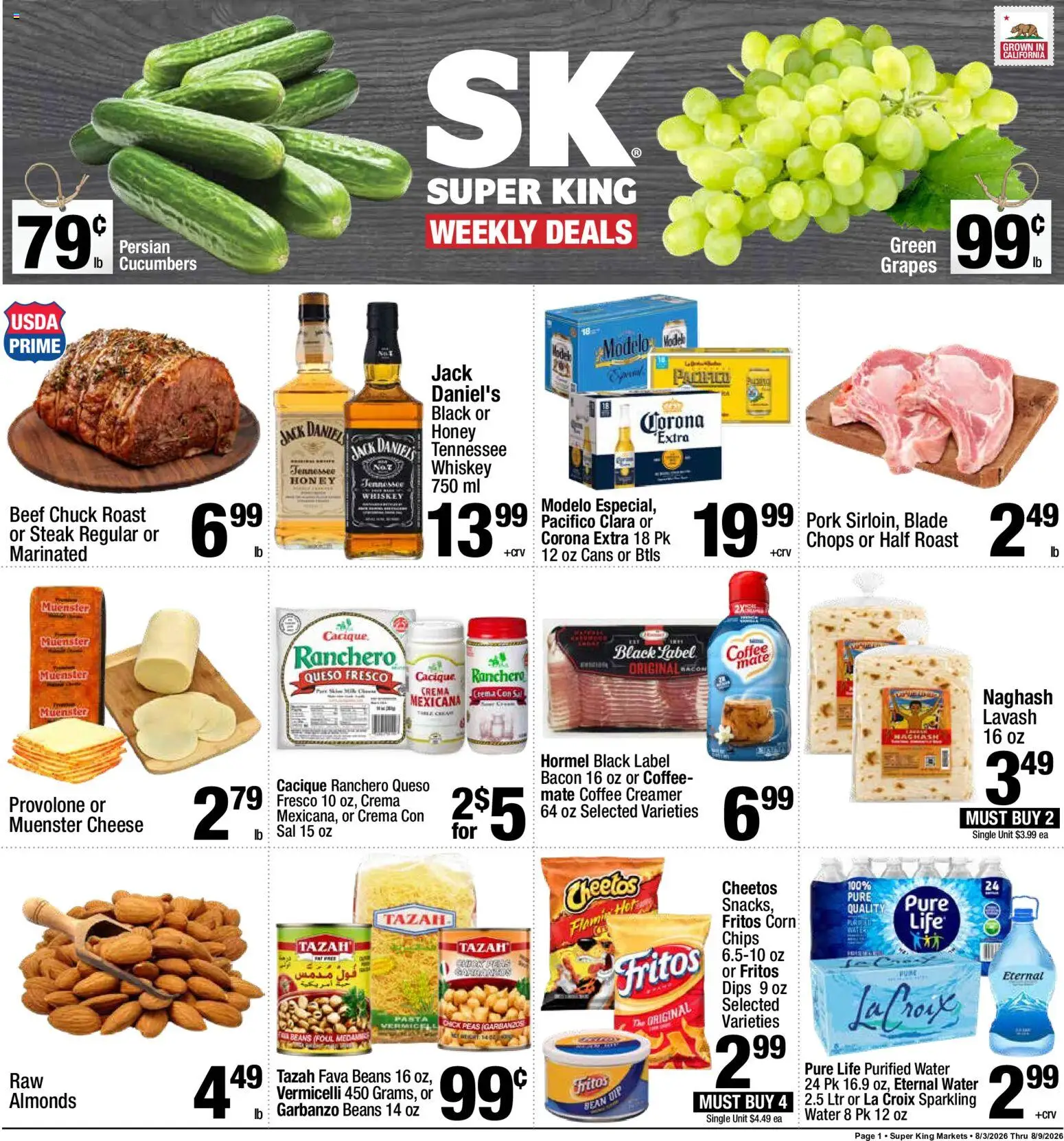 Super King Ad - valid from 08/03/2026 | Page: 1 | Products: Corn, Coffee, Whiskey, Grapes