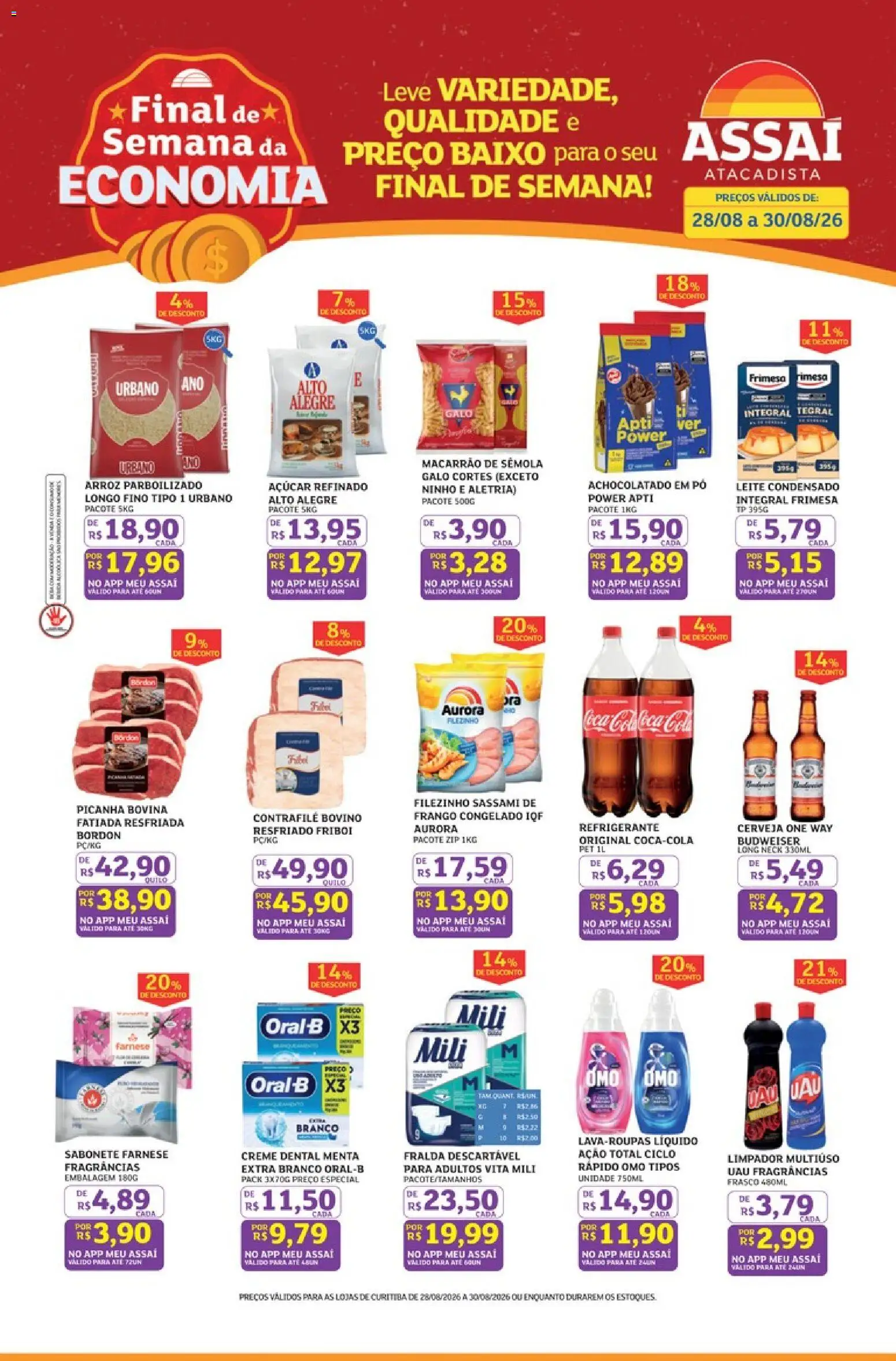 Assaí Atacadista Folheto - válido de 28/08/2026 | Página: 1 | Produtos: Limpador multiuso, Achocolatado, Arroz, Baixo