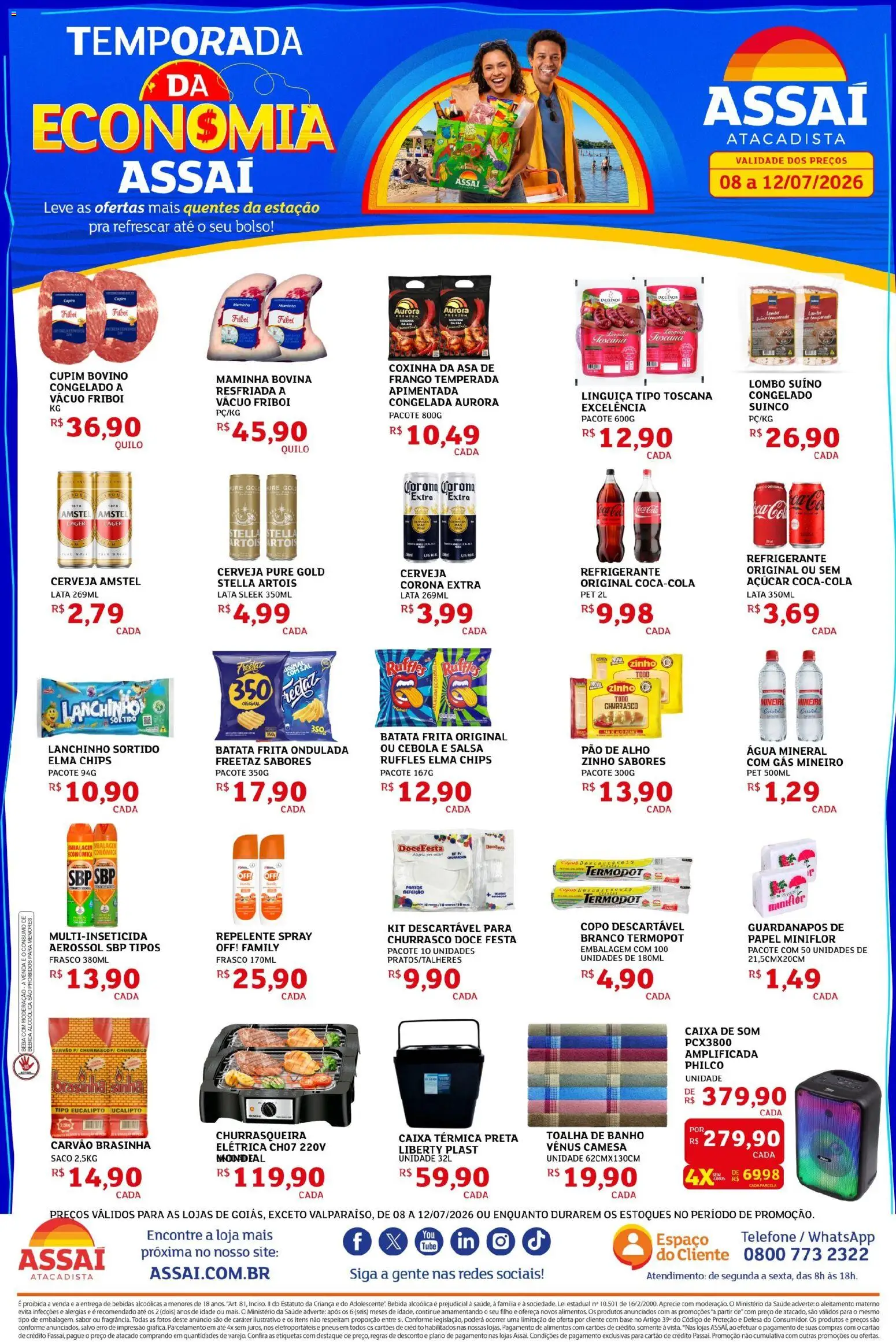 Assaí Atacadista Folheto - válido de 08/07/2026 | Página: 1 | Produtos: Cebola, Linguiça, Base, Telefone