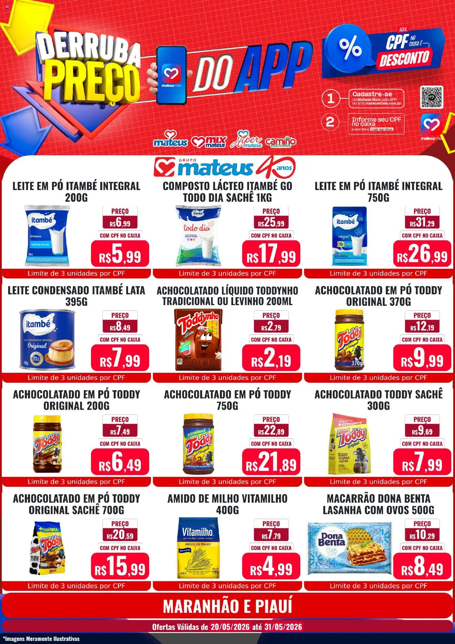 Mateus Folheto - válido de 20.05.2026 | Página: 1 | Produtos: Pó, Leite, Macarrão, Cálcio