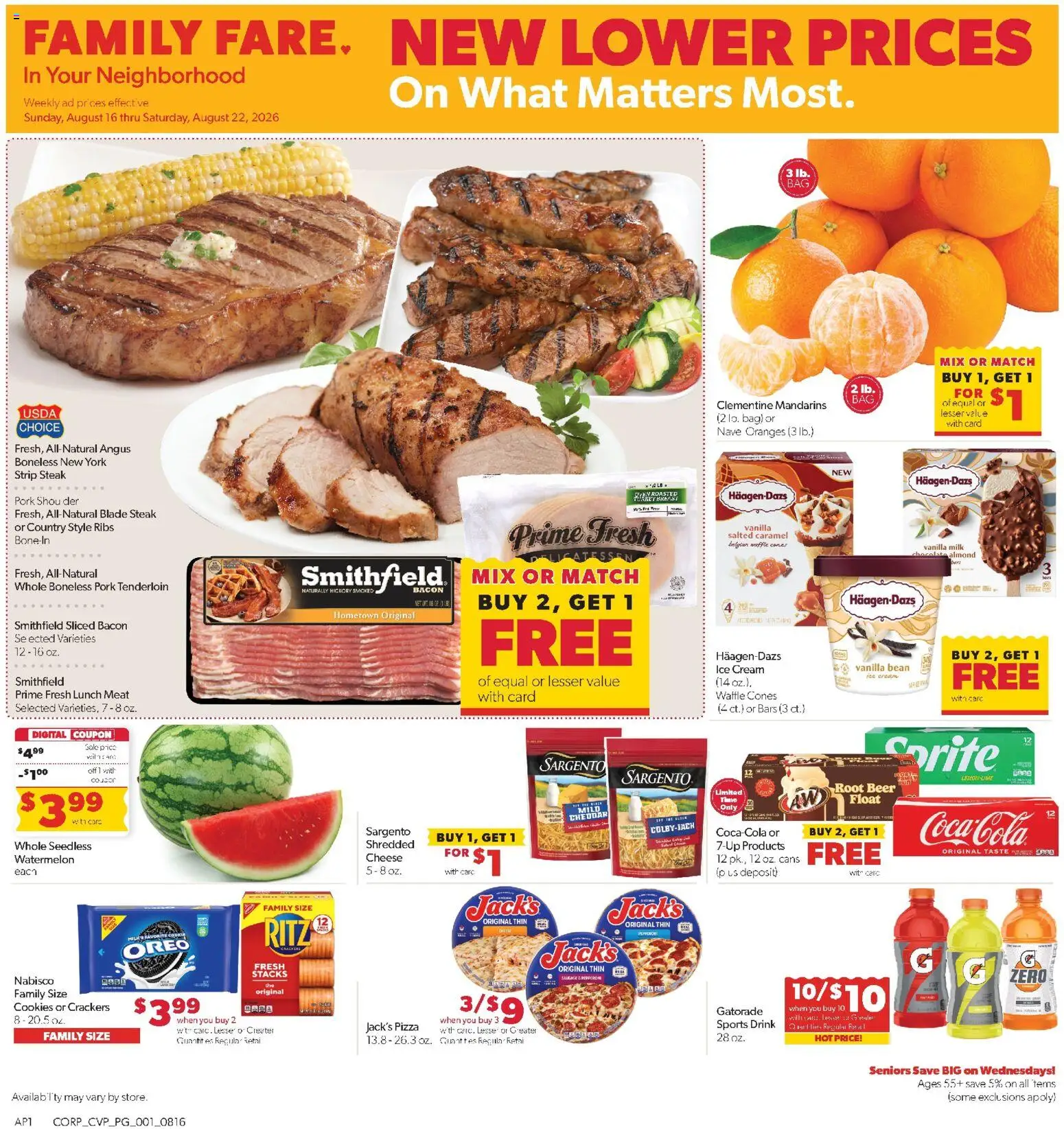 Family Fare Weekly Ad - valid from 08/16/2026 | Page: 1 | Products: Meat, Pizza, Watermelon, Sports drink