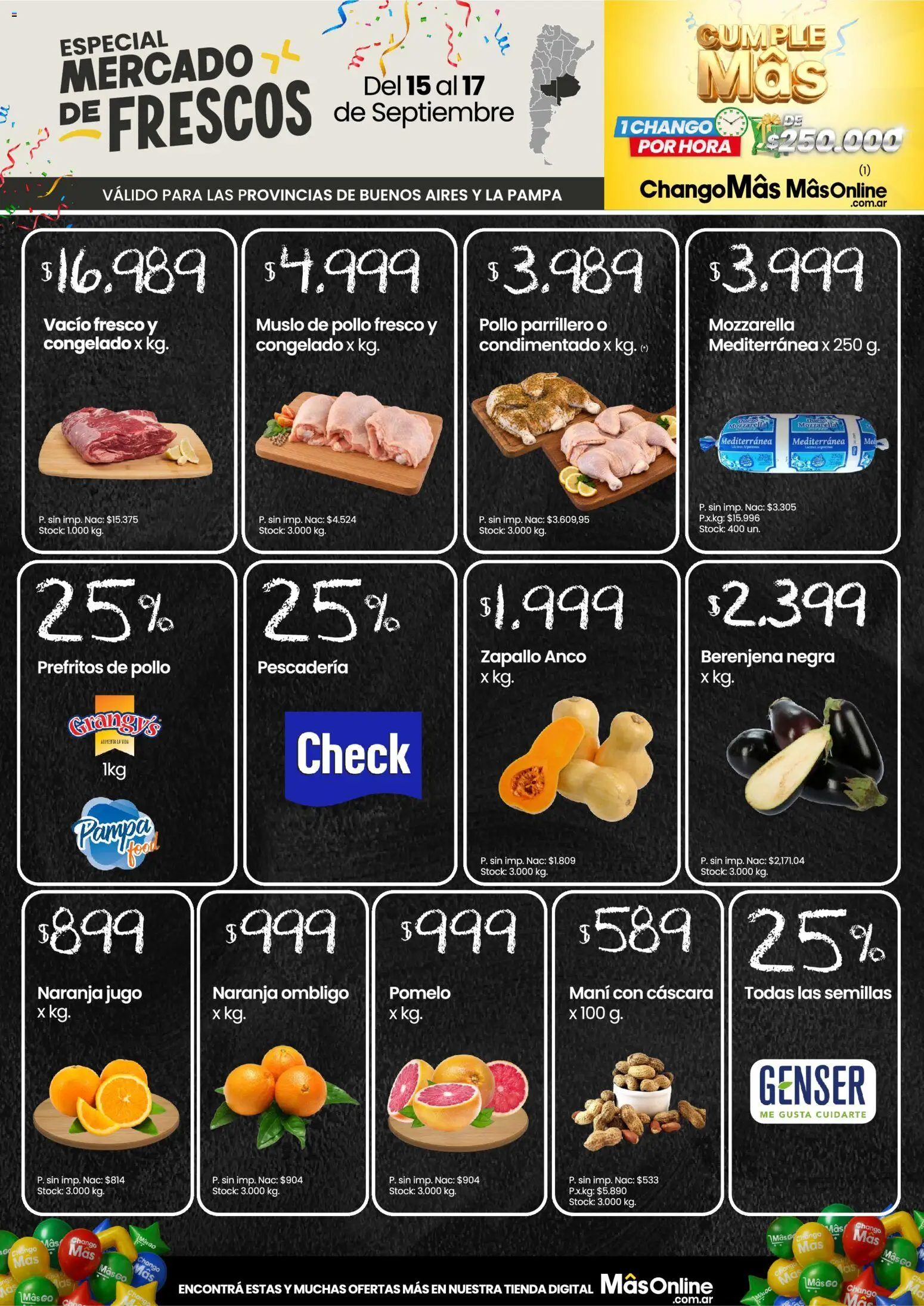 Changomas - Mercado de Frescos │ válido desde el 15/09/2026 | Página: 1 | Productos: Mozzarella, Pollo, Zapallo, Jugo