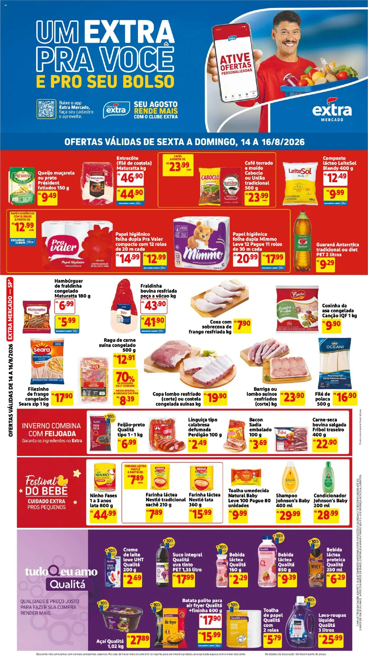 Extra Folheto - válido de 14/08/2026 | Página: 1 | Produtos: Feijão, Filé de costela, Faca, Açaí