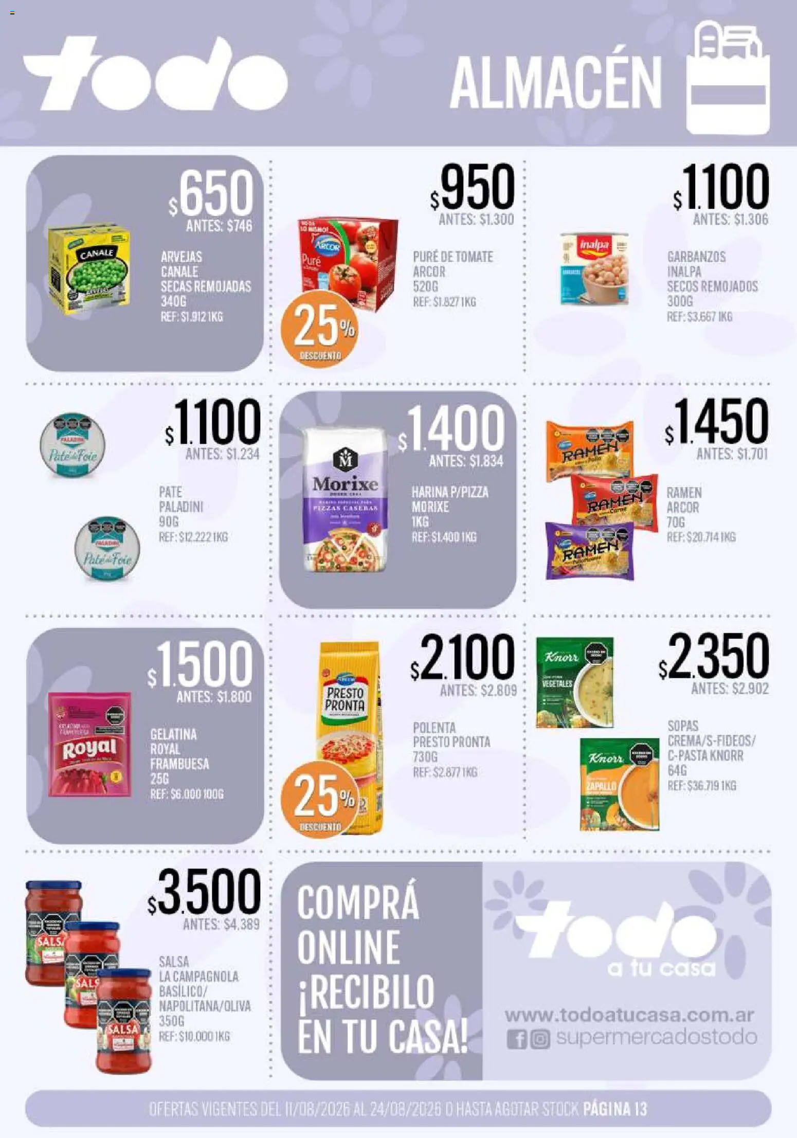 Supermercados TODO - Ofertas │ válido desde el 11/08/2026 | Página: 13 | Productos: Arvejas, Polenta, Paté, Puré