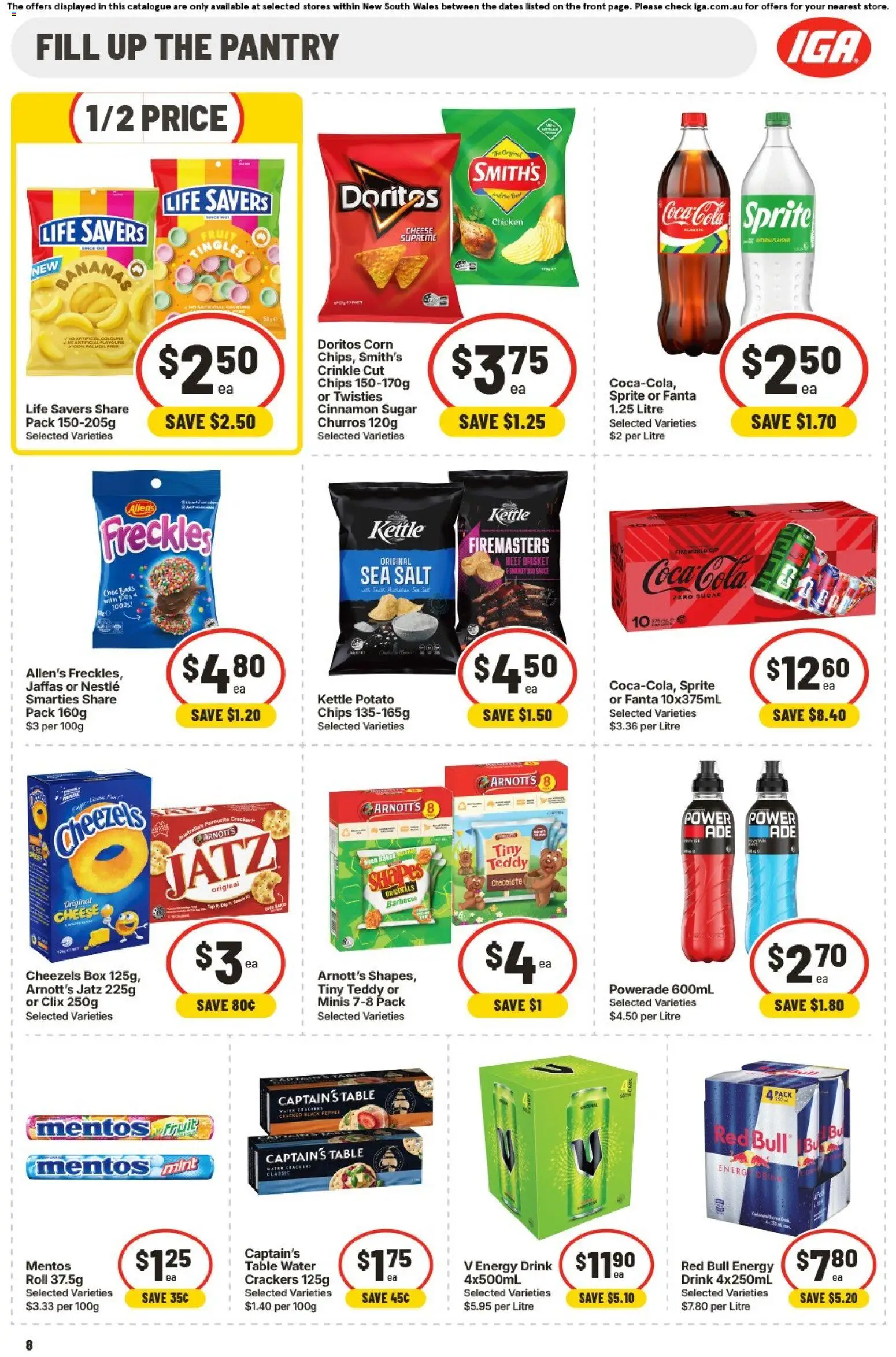 IGA catalogue - valid from 01/07/2026 | Page: 8 | Products: Crackers, Energy drink, Chips, Sauce