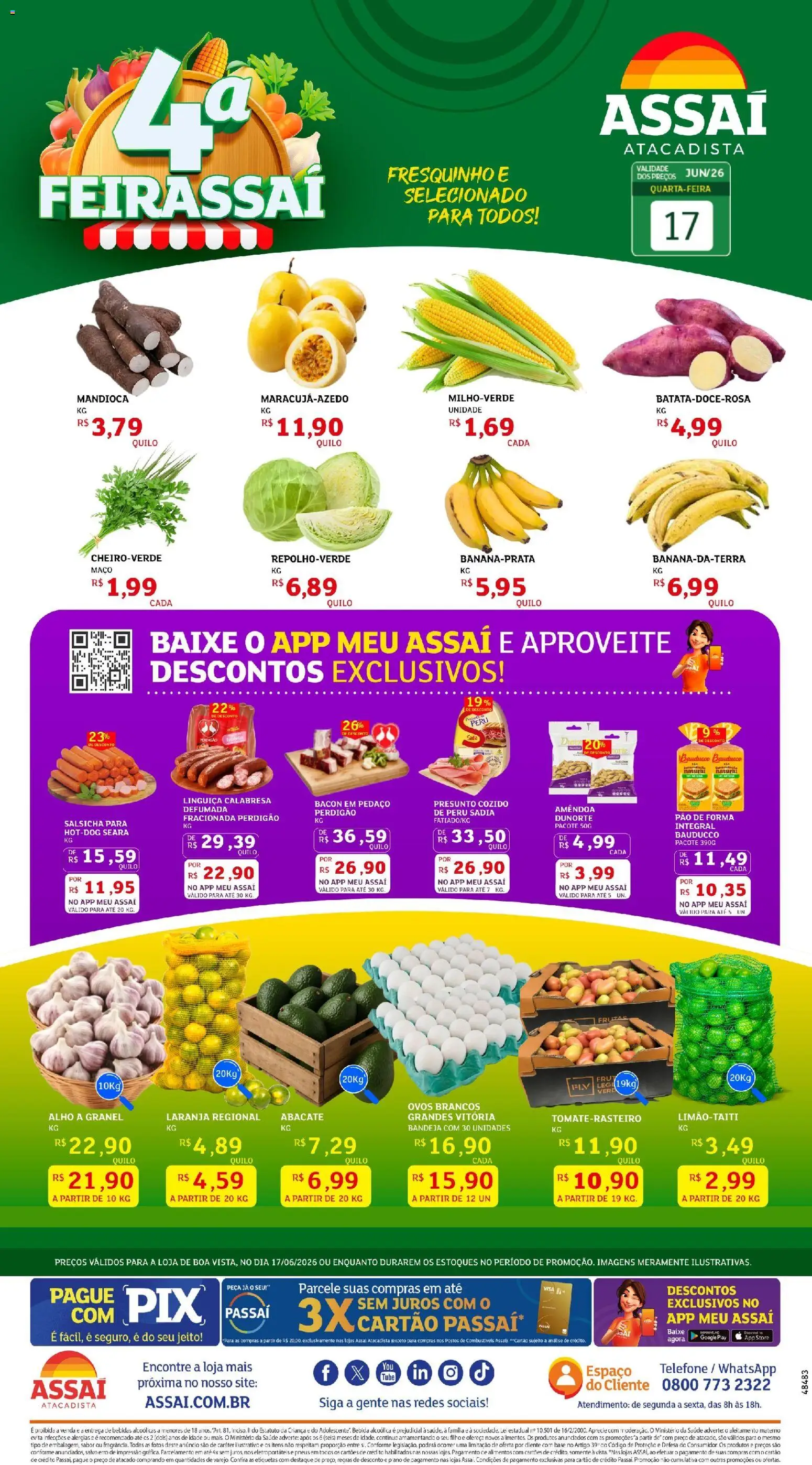 Assaí Atacadista Folheto - válido de 17.06.2026 | Página: 1 | Produtos: Alho, Mandioca, Presunto, Telefone