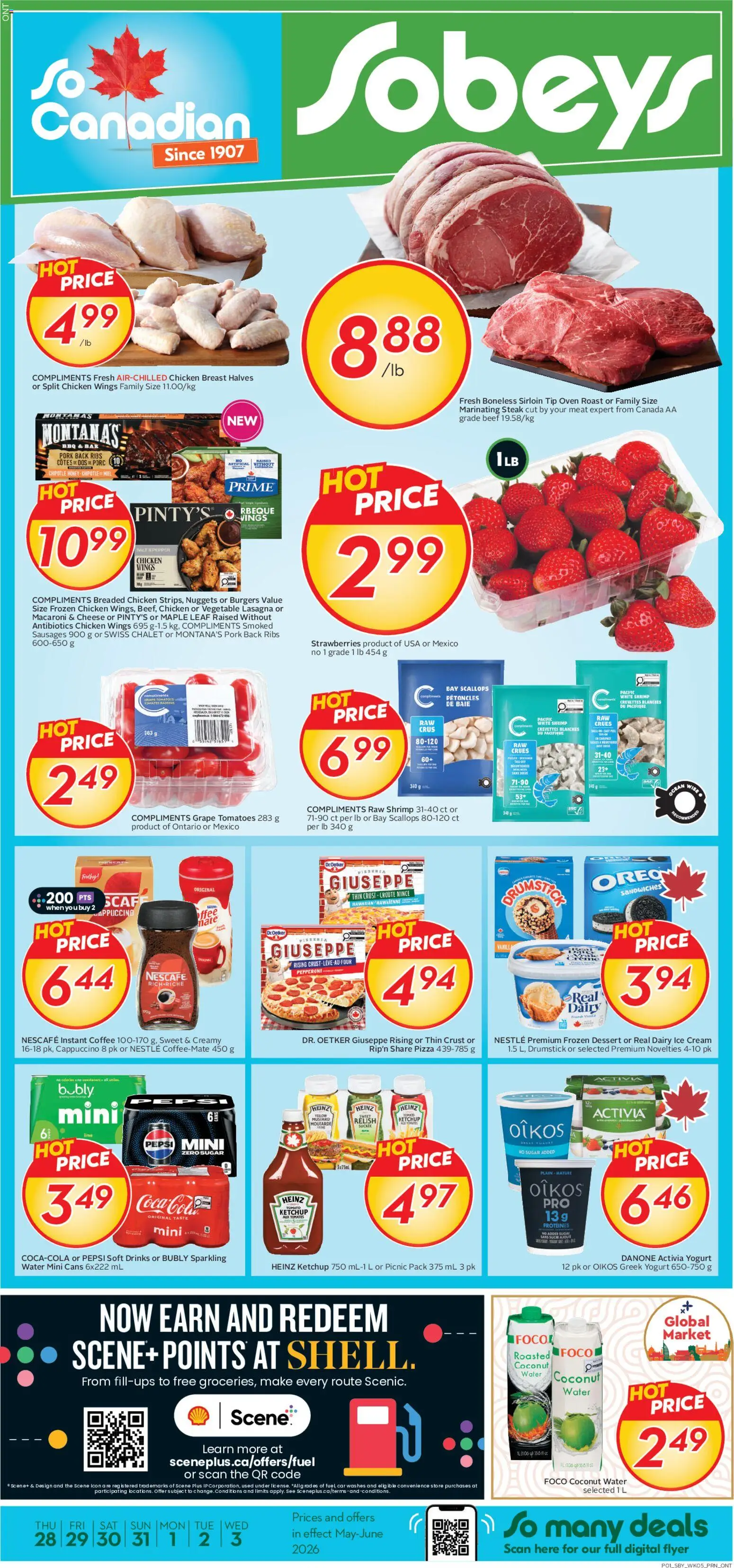 Sobeys flyer valid from 28.05.2026 | Page: 1 | Products: Cream, Cheese, Coffee, Pizza