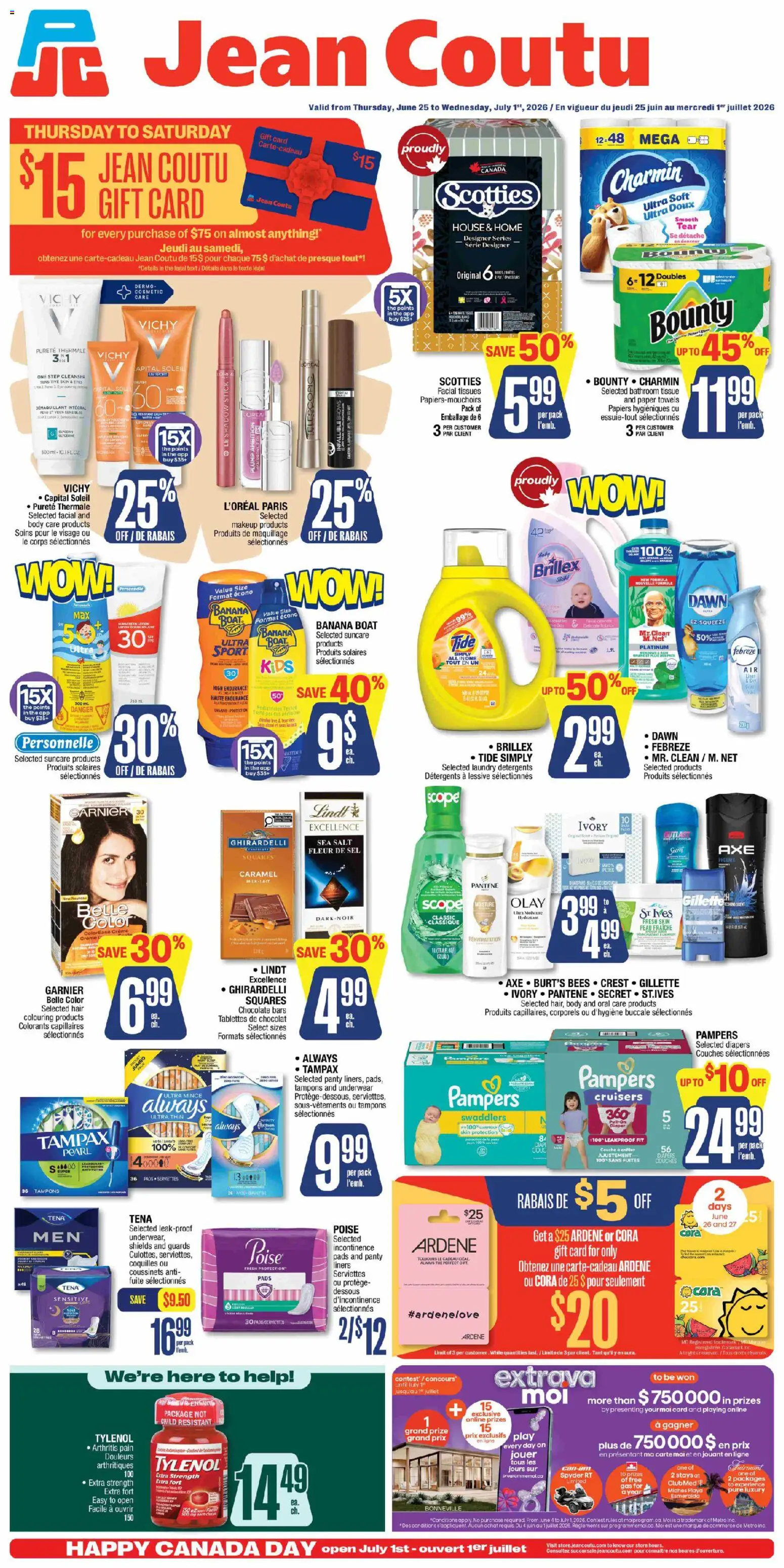 Jean Coutu flyer valid from Jun 25, 2026 | Page: 1 | Products: Sunscreen, Oil, Chocolate, Underwear
