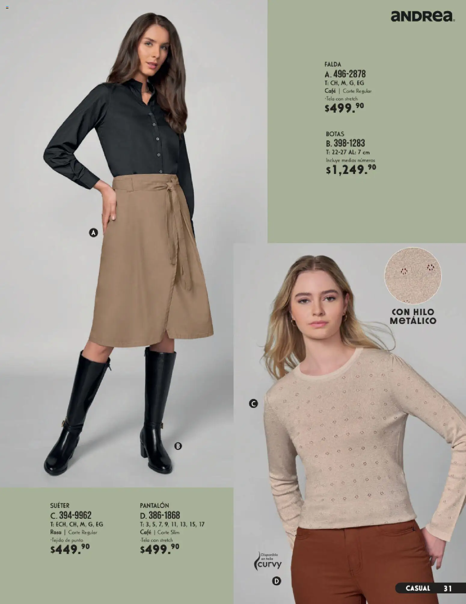 Nuevas ofertas de Andrea válidas en toda la República Mexicana desde el 23/08/2026. ¡Encuentra las mejores ofertas en Andrea catálogo Vestir! | Página: 31 | Productos: Suéter, Botas, Café, Falda