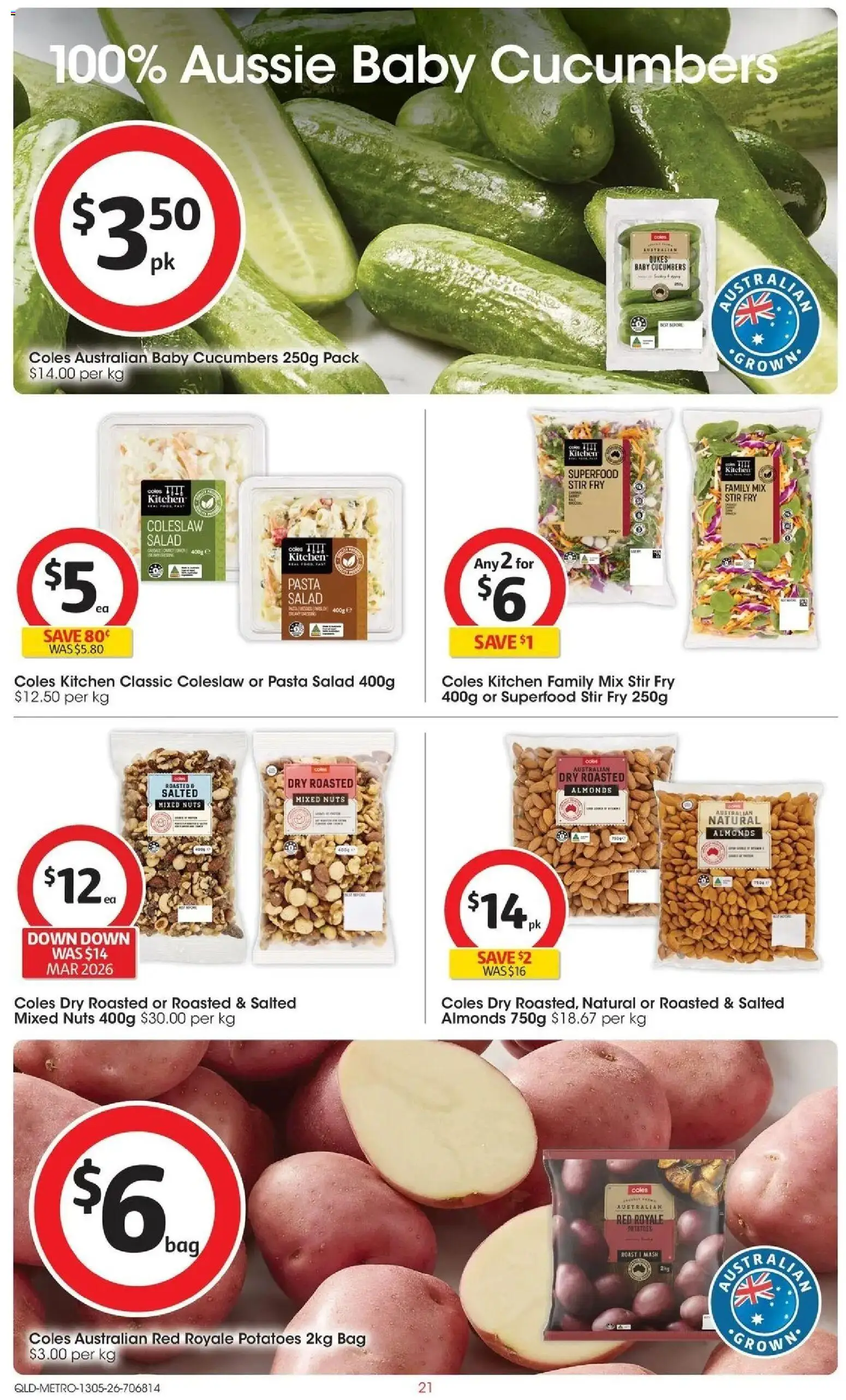 Coles catalogue - valid from 13.05.2026 | Page: 21 | Products: Almonds, Pasta, Cucumbers, Salad