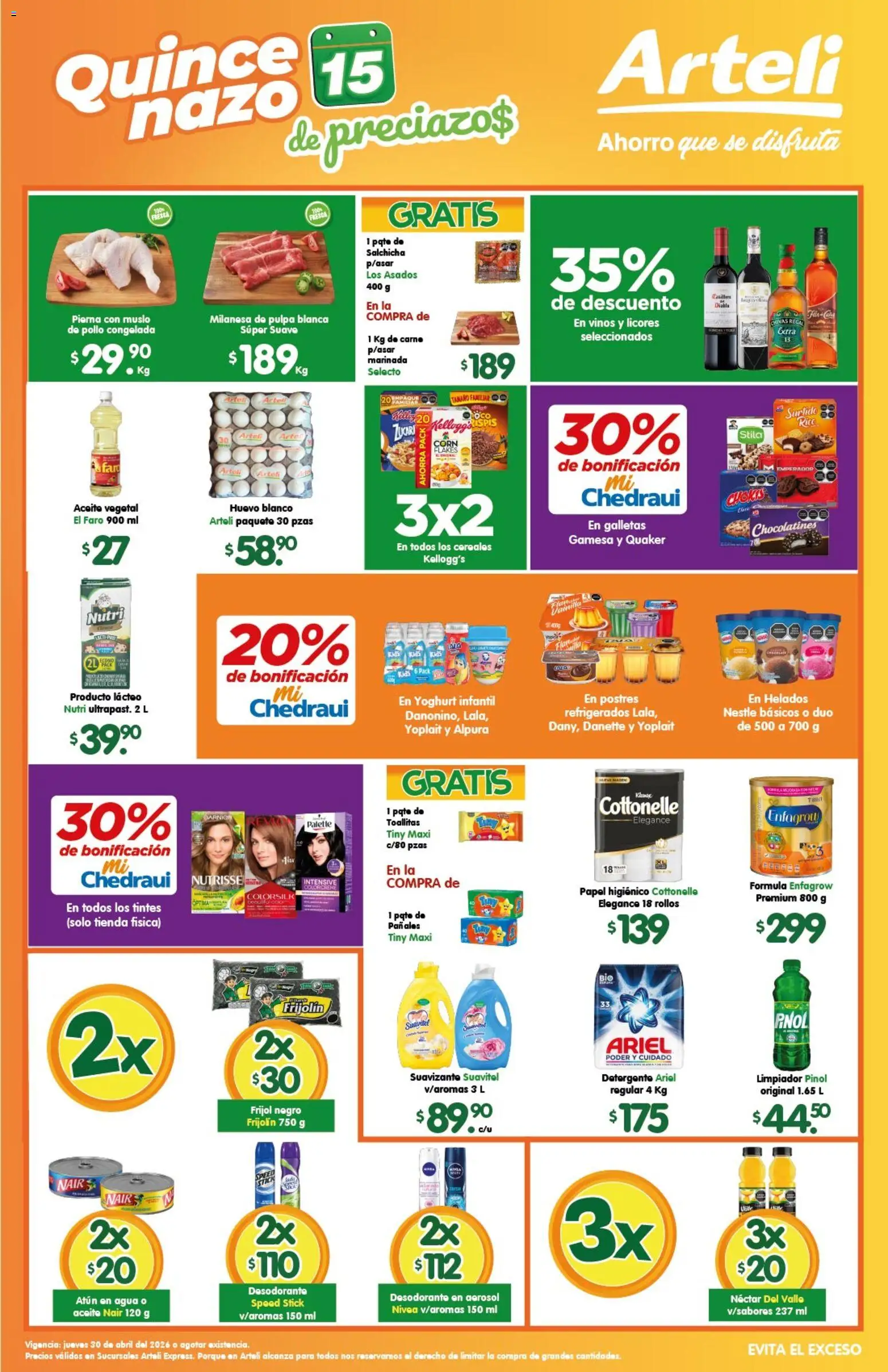 Nuevas ofertas de Arteli válidas en toda la República Mexicana desde el 30.04.2026. ¡Encuentra las mejores ofertas en Arteli folleto Express! | Página: 1 | Productos: Milanesa, Aceite, Suavizante, Papel higiénico