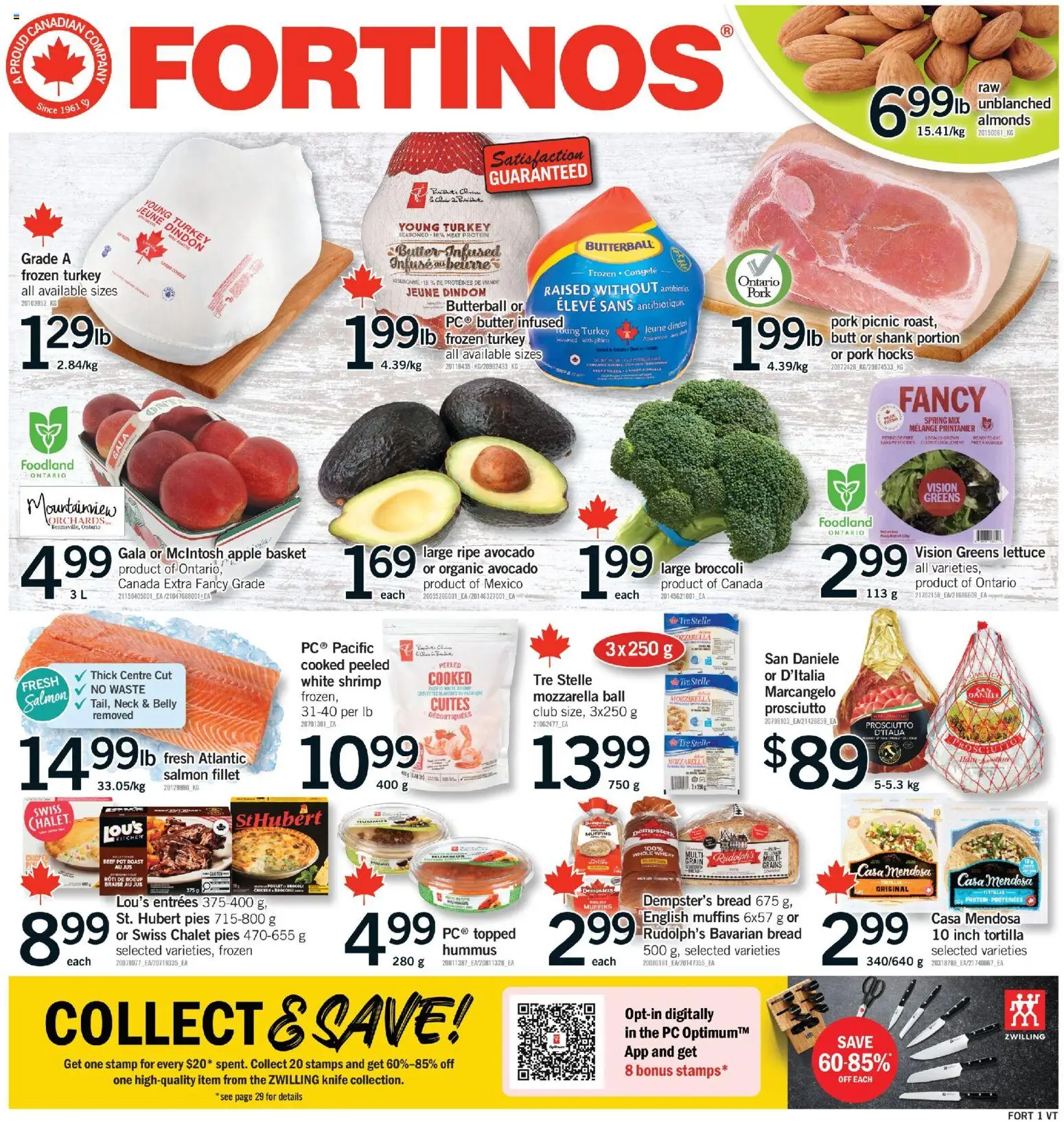 Fortinos flyer valid from Sep 24, 2026 | Page: 1 | Products: Salmon, Almonds, Roast, Butter