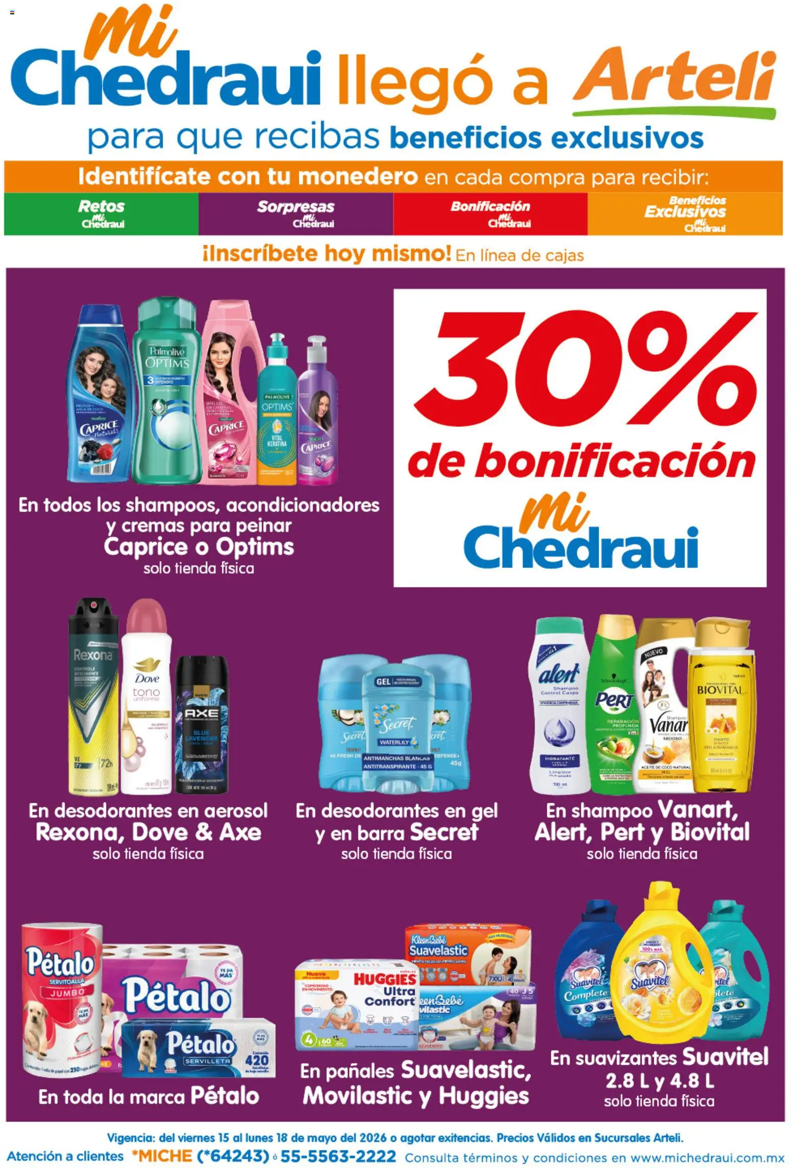 Nuevas ofertas de Arteli válidas en toda la República Mexicana desde el 15.05.2026. ¡Encuentra las mejores ofertas en Arteli folleto MiChedraui! | Página: 1 | Productos: Antitranspirante, Monedero, Pañales, Barra