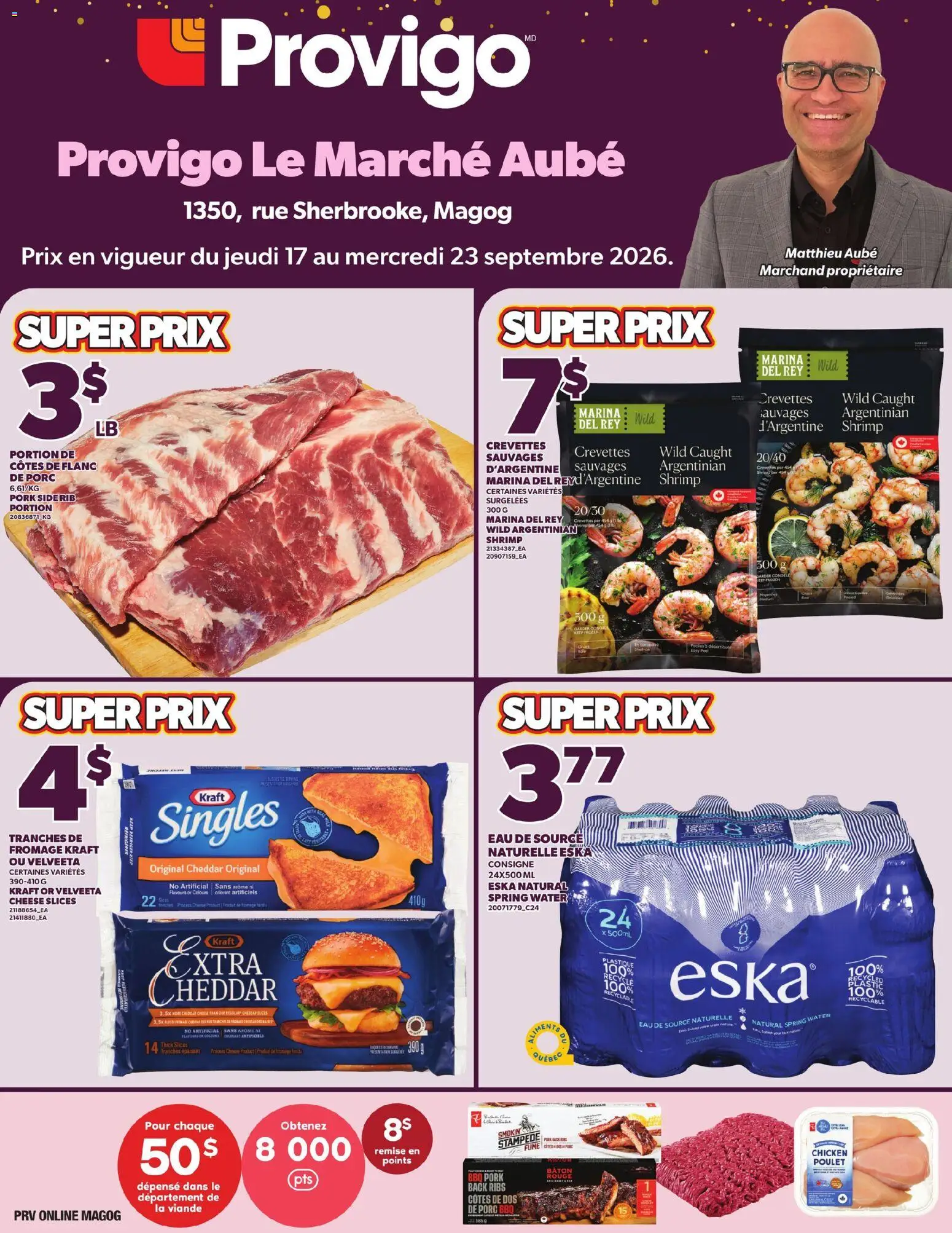 Provigo flyer valid from Sep 17, 2026 | Page: 1 | Products: Shrimp, Cheddar, Spring water, Pork