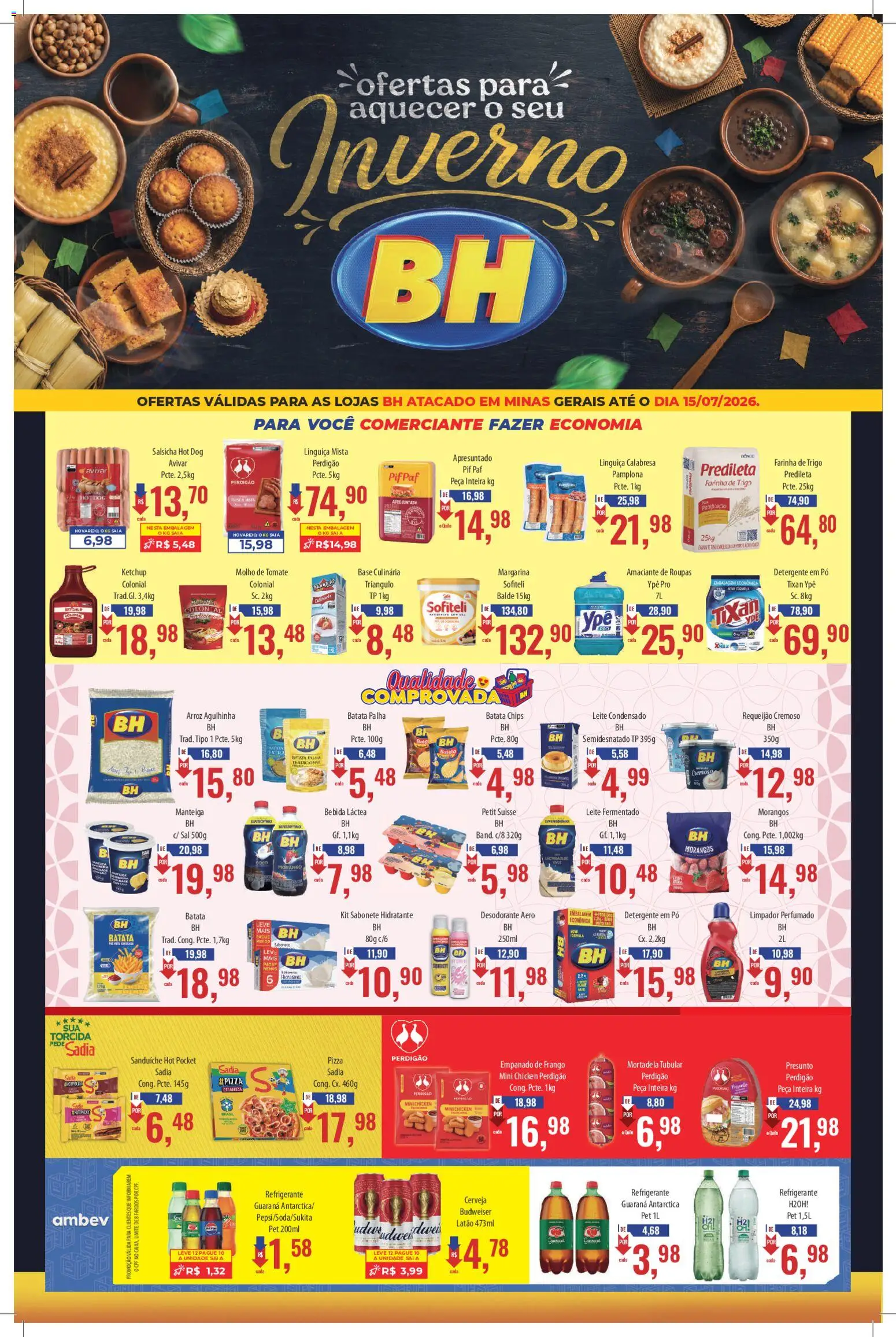 Supermercados BH Folheto - válido de 01/07/2026 | Página: 1 | Produtos: Guaraná, Salsicha, Leite, Base