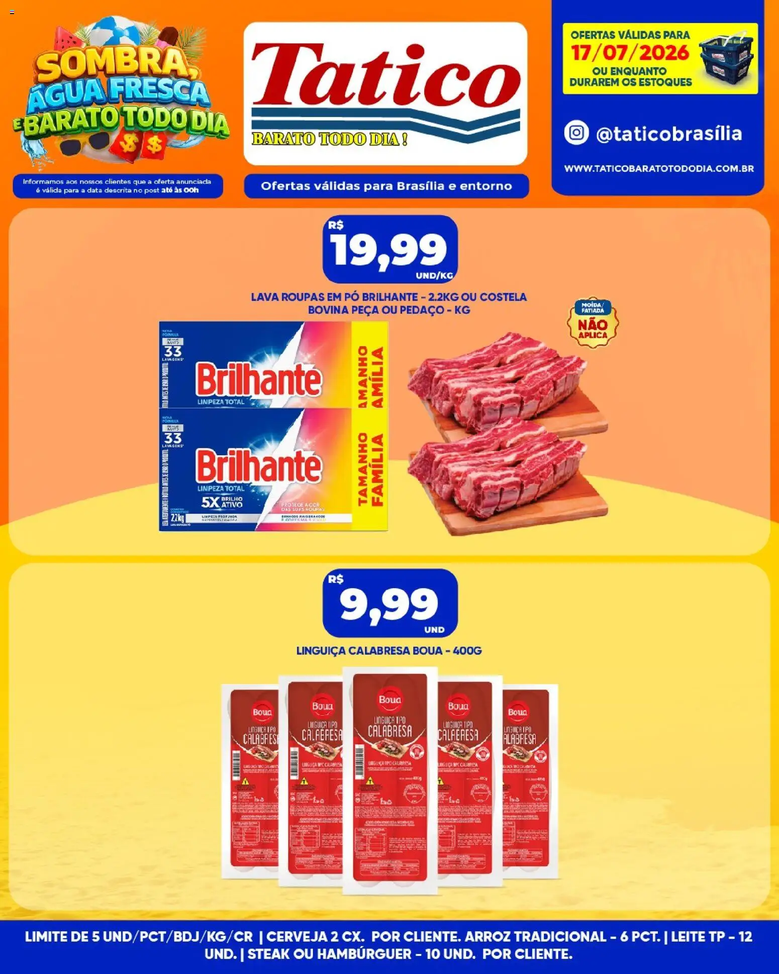 Tatico Folheto - válido de 17/07/2026 | Página: 10 | Produtos: Linguiça, Cerveja, Arroz, Hambúrguer