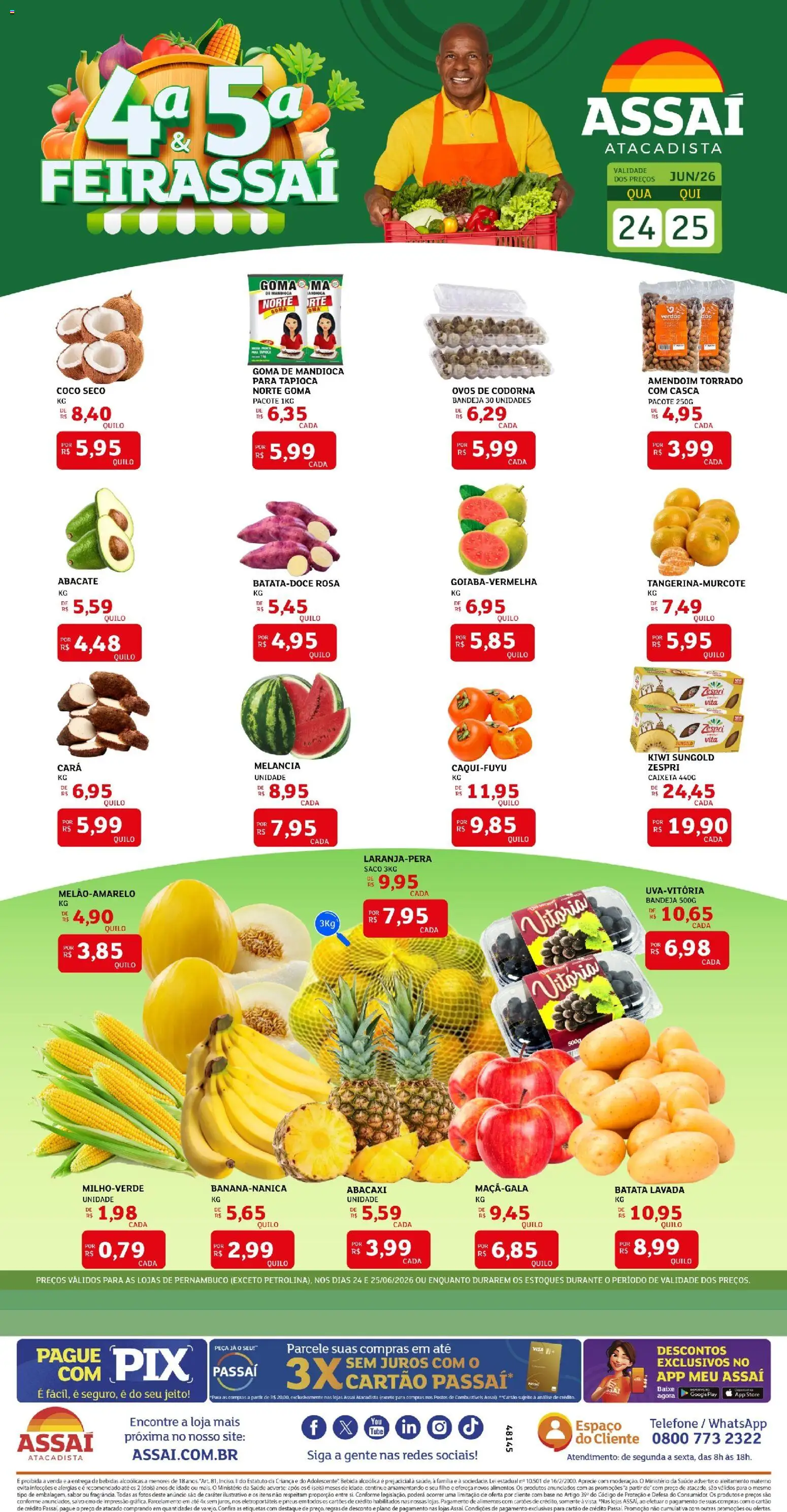 Assaí Atacadista Folheto - válido de 24/06/2026 | Página: 1 | Produtos: Melancia, Bandeja, Telefone, Ovos de codorna