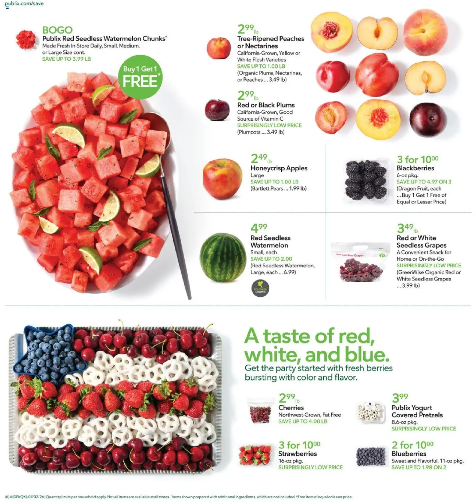 Publix Weekly Ad - valid from 07/01/2026 | Page: 6 | Products: Peaches, Yogurt, Apples, Watermelon