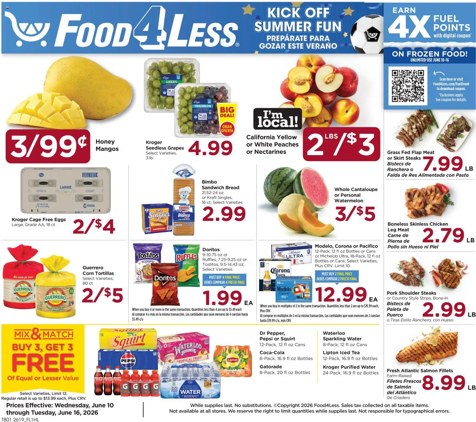 Food 4 Less Weekly Ad - valid from 10.06.2026 | Page: 1 | Products: Bread, Pork, Tea, Watermelon