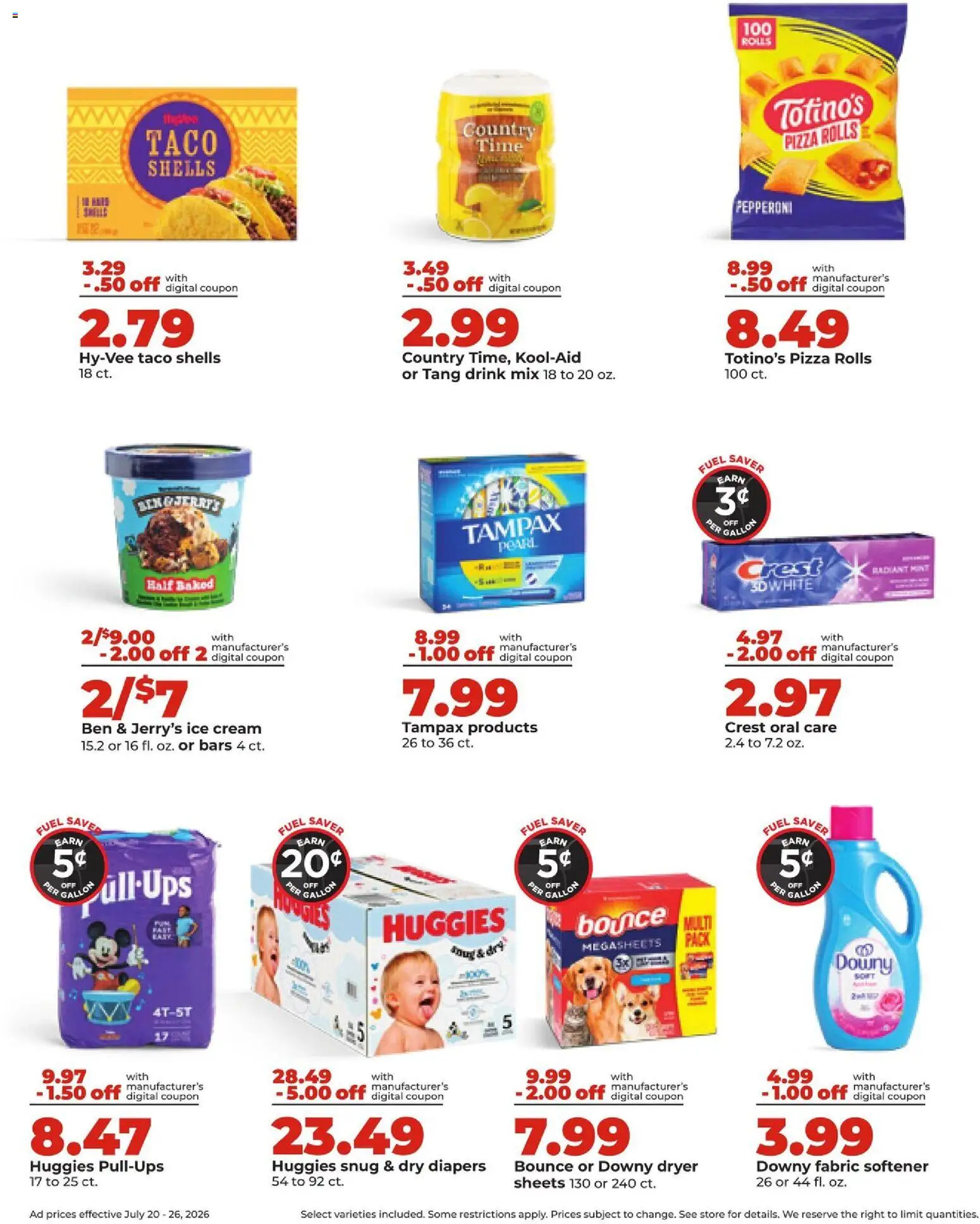 HyVee Weekly Ad - valid from 07/20/2026 | Page: 8 | Products: Pizza, Fabric softener, Ice cream, Dryer