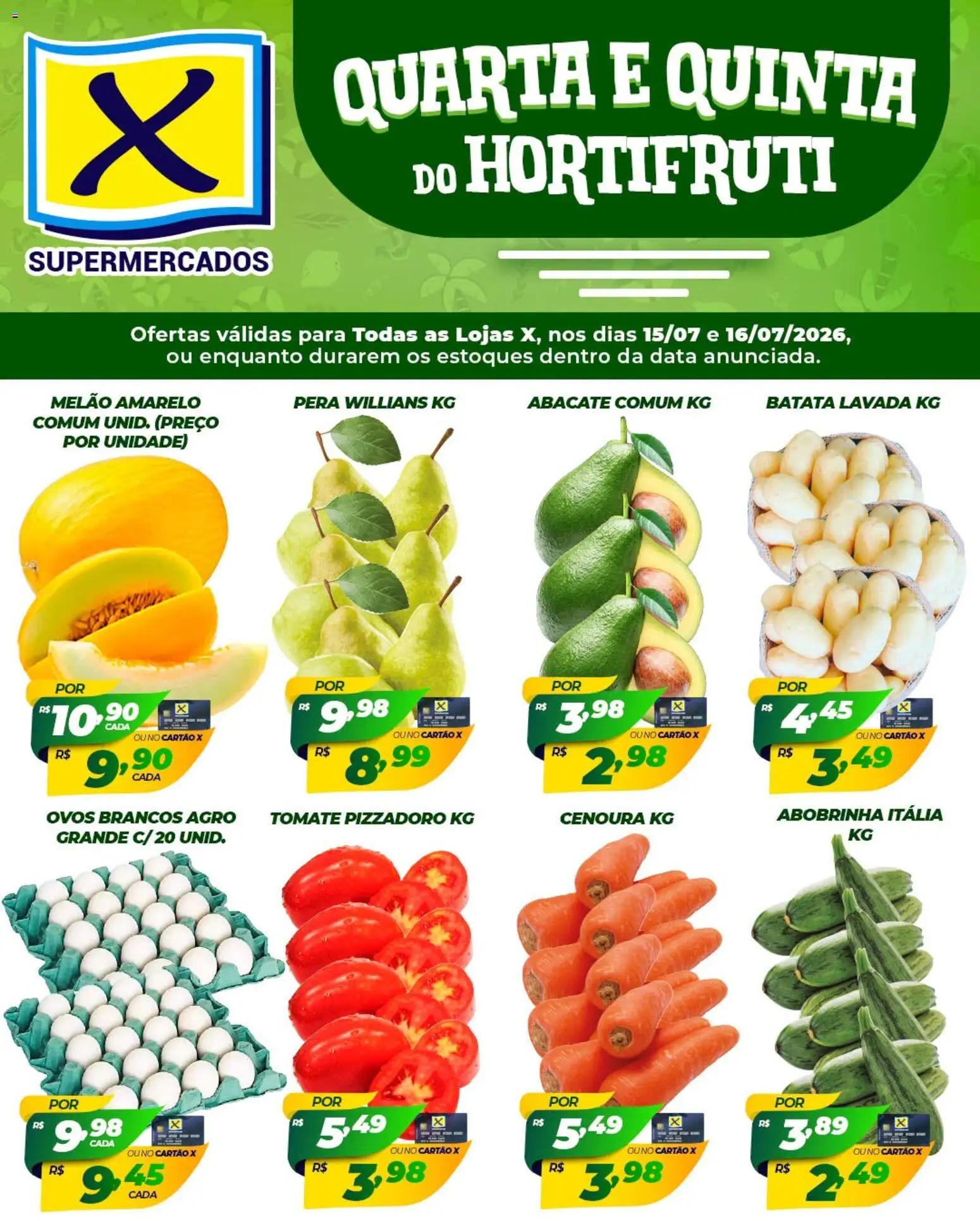 X Supermercados Folheto - válido de 15/07/2026 | Página: 1 | Produtos: Pera, Abobrinha, Ovos, Cenoura