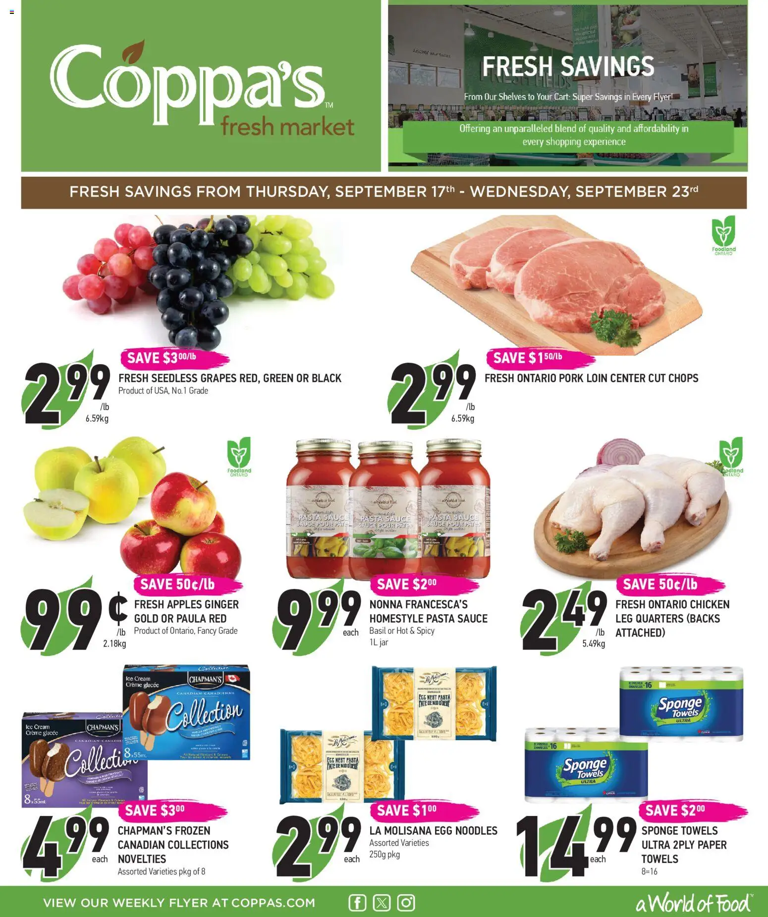 Coppas Fresh Market flyer valid from Sep 17, 2026 | Page: 1 | Products: Noodles, Ice, Seedless grapes, Chicken
